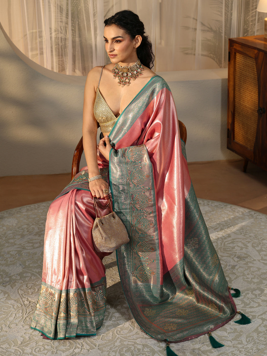  Rose Pink Silk Blend Saree with Woven Border 