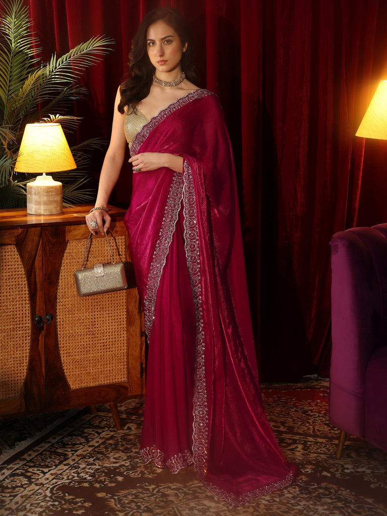 Libas Rose Pink Tissue Saree with Embellished Border