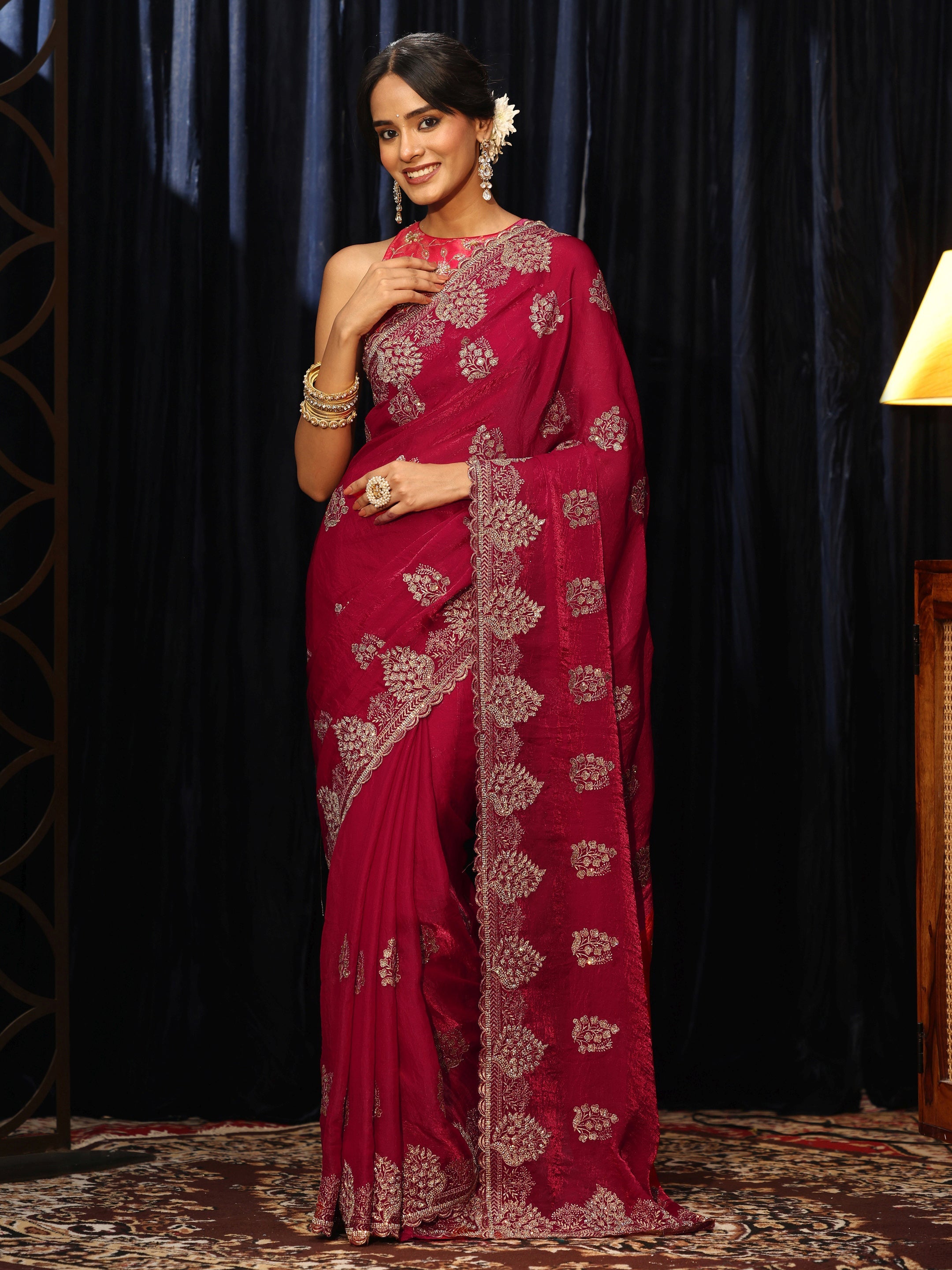 Libas Rose Red Floral Embellished Tissue Saree-picture-48