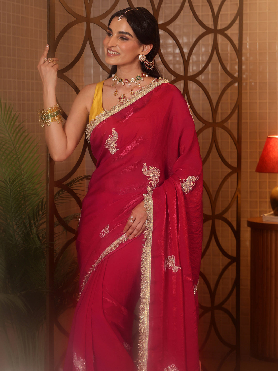  Ruby Red Embellished Silk Blend Saree 