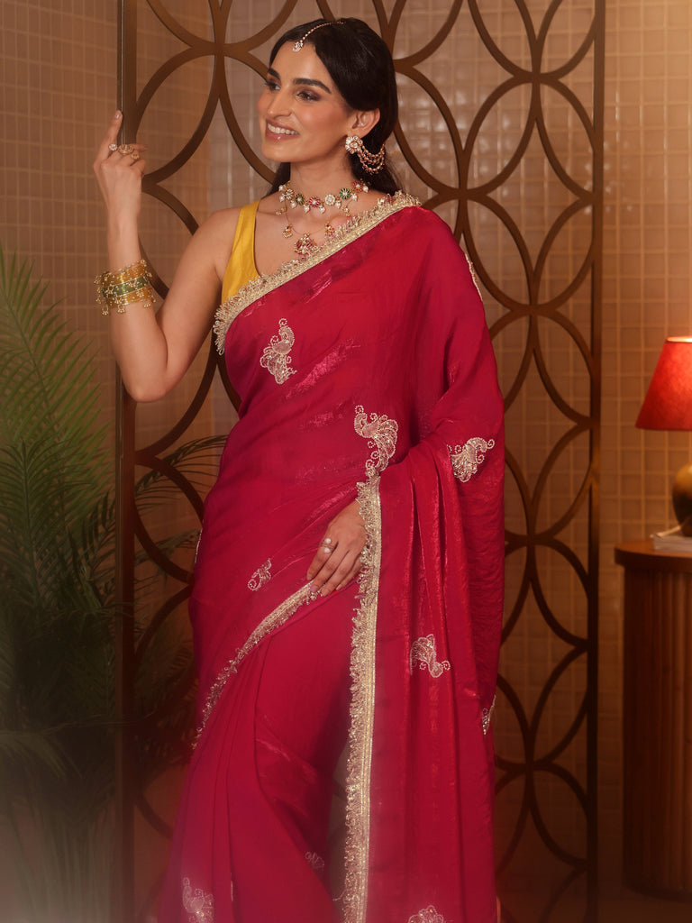 Libas Ruby Red Embellished Silk Blend Saree