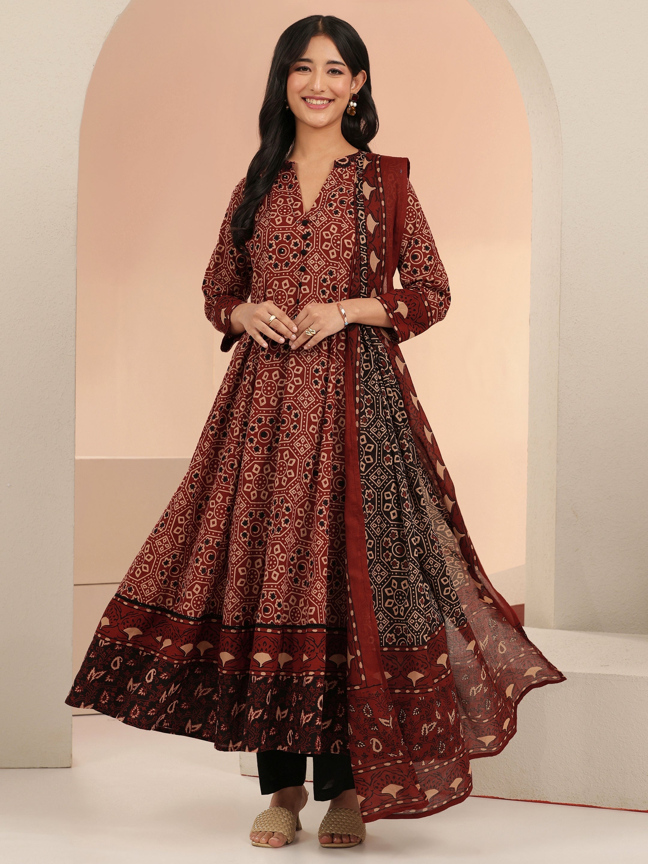 Libas Rust Ajrakh Printed Cotton Anarkali Suit Set-picture-52