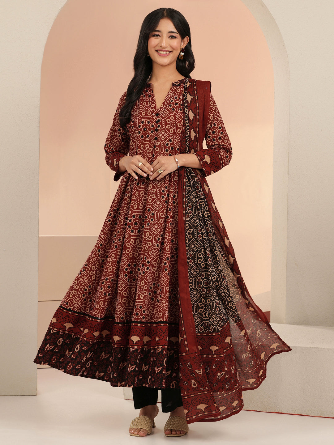  Rust Ajrakh Printed Cotton Anarkali Suit Set 
