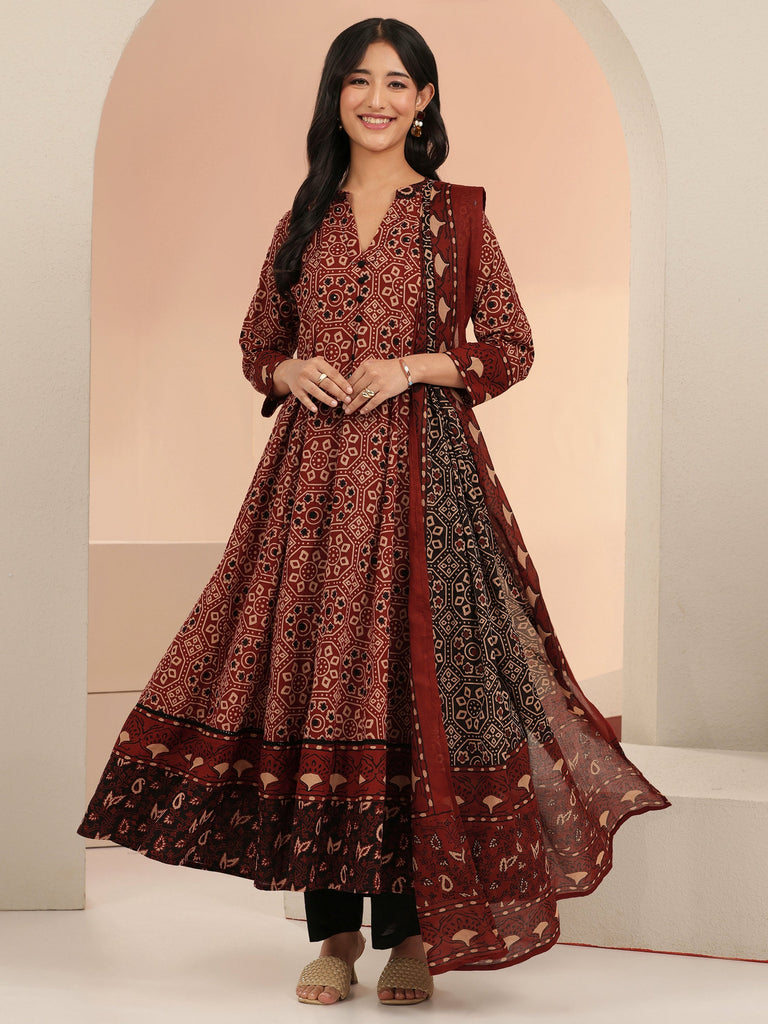 Libas Rust Ajrakh Printed Cotton Anarkali Suit Set