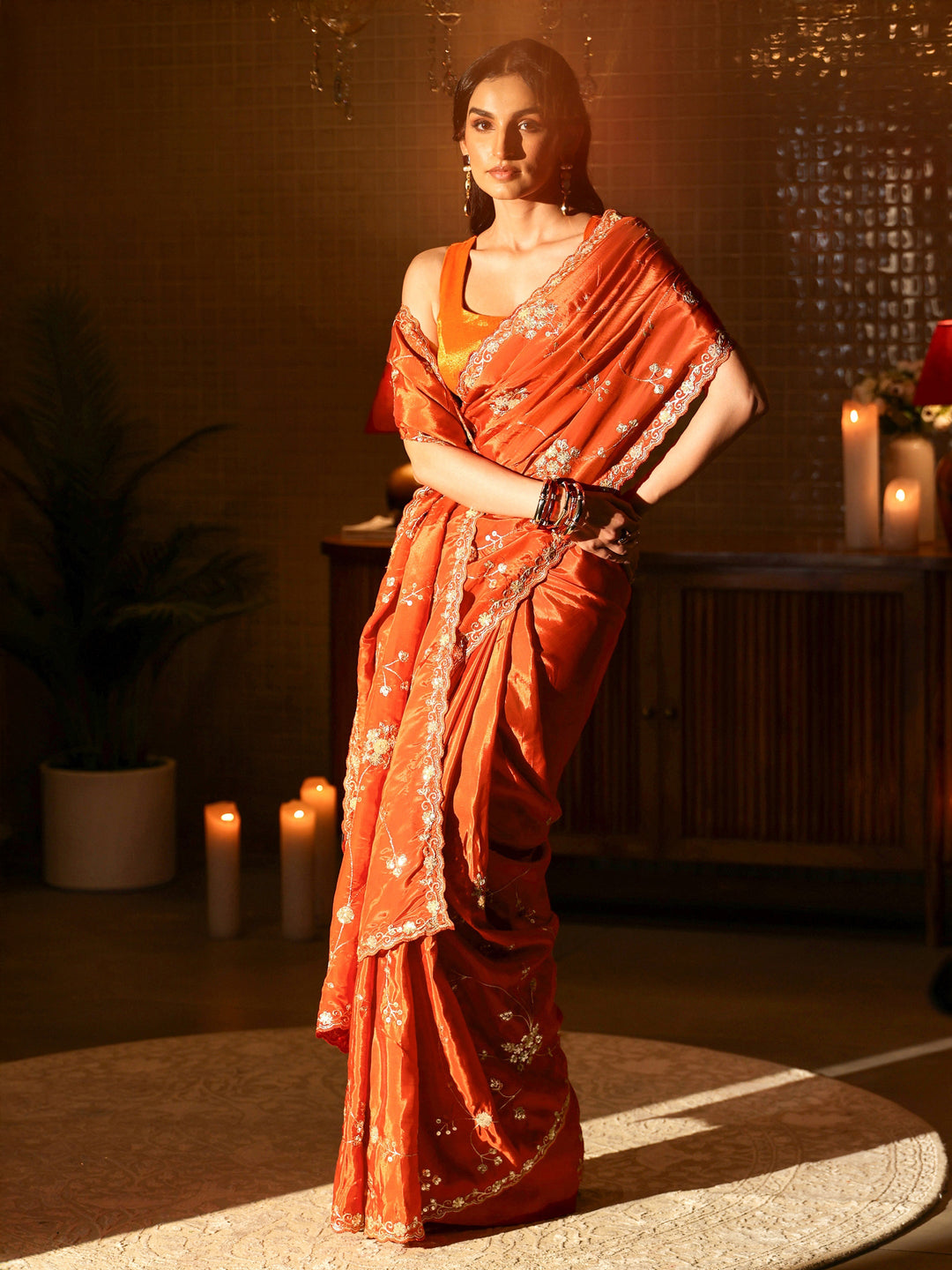  Rust Embellished Silk Blend Saree 