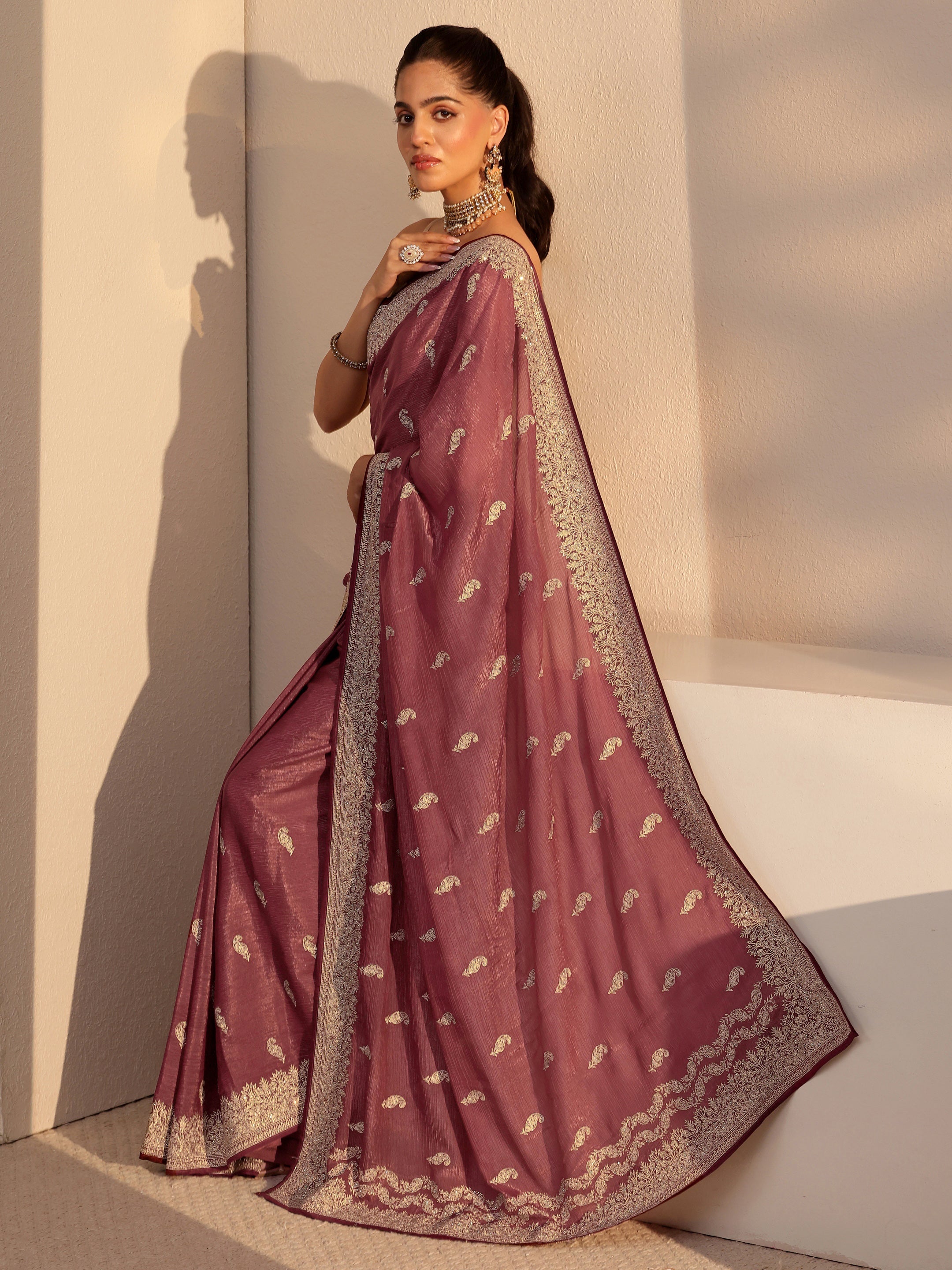 Libas Rust Ethnic Embroidered Chiffon Saree-picture-19