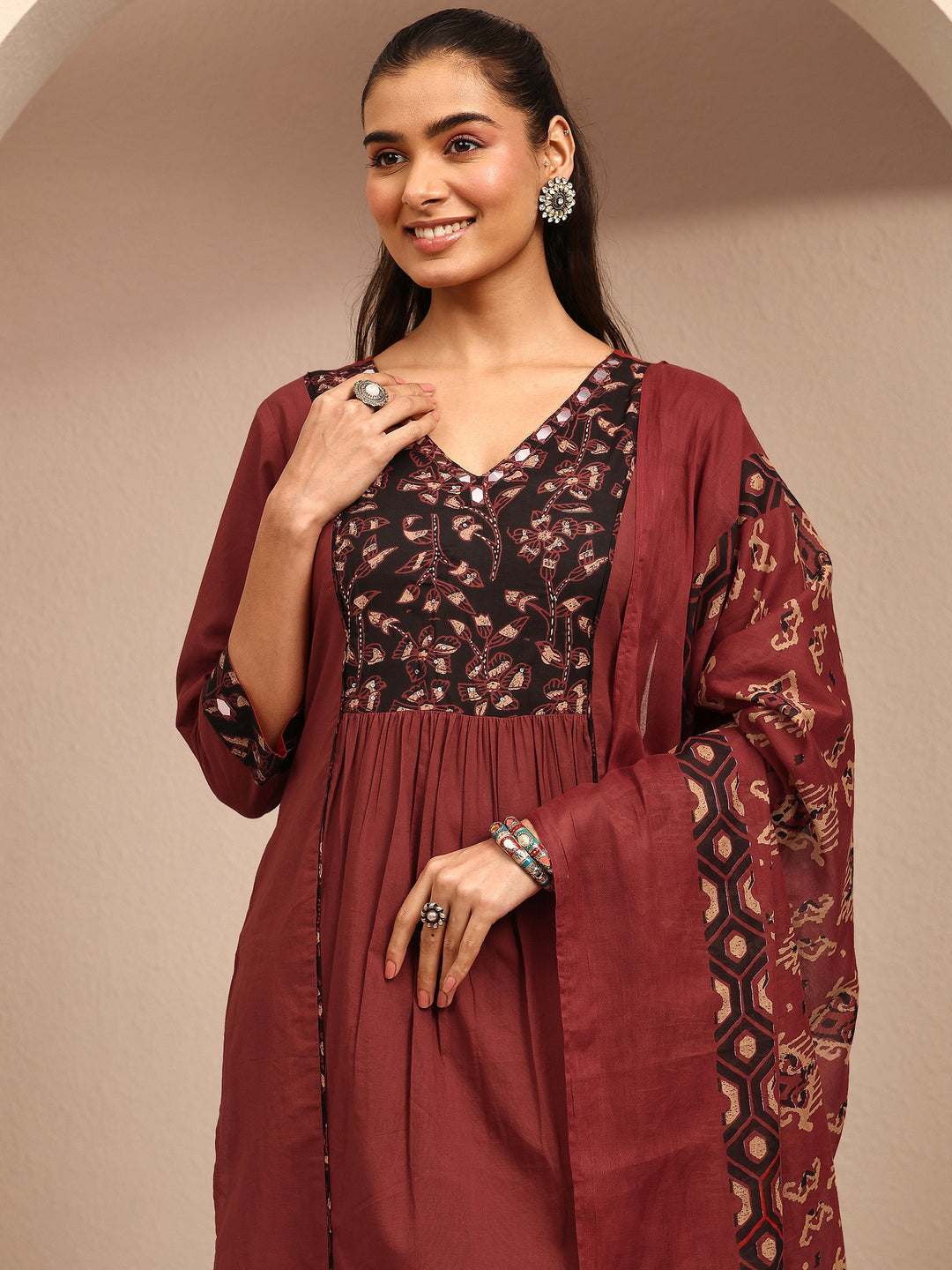  Rust Printed Cotton A-Line Suit Set With Dupatta 