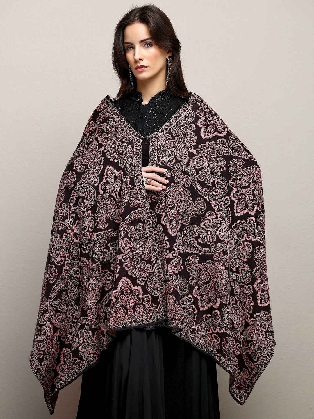  Black Woven Design Wool Wrap Shawl  