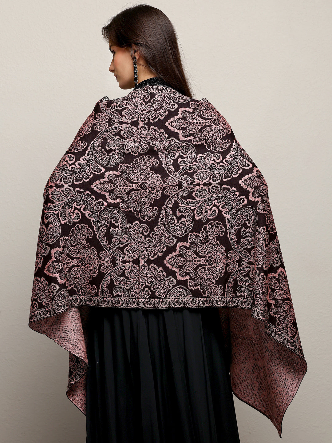  Black Woven Design Wool Wrap Shawl  