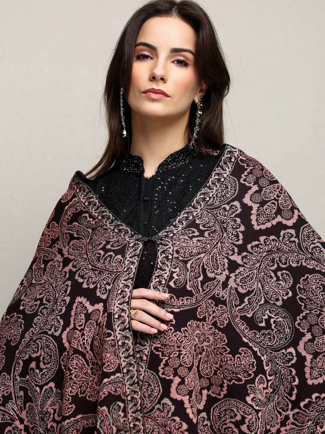  Black Woven Design Wool Wrap Shawl  