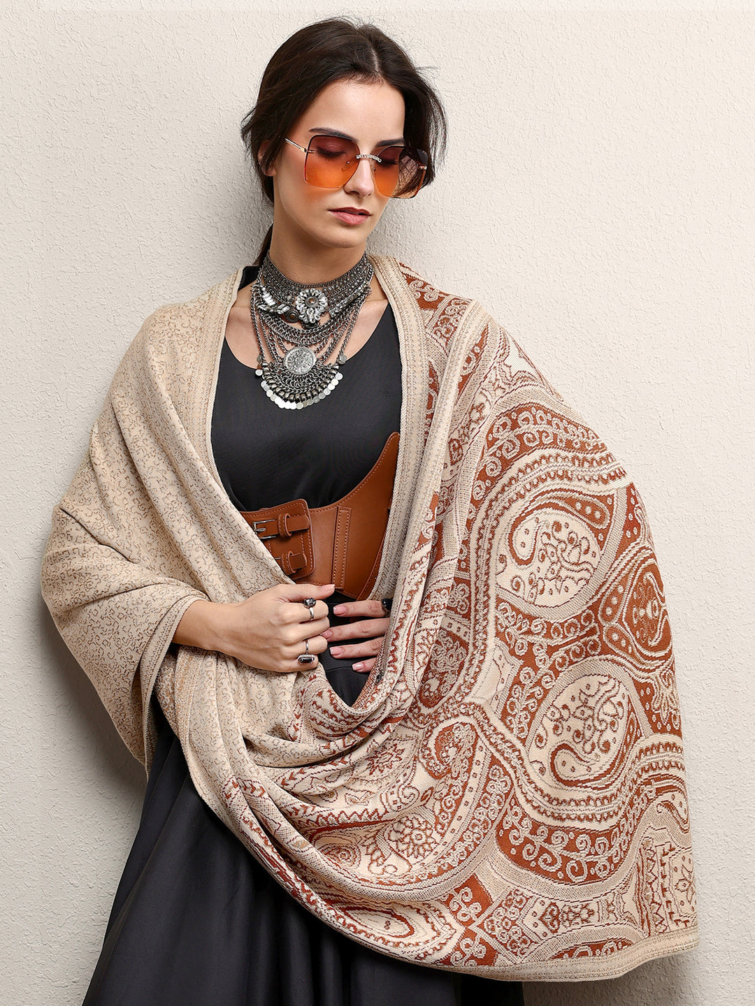  Beige Woven Design Wool Women'S Shawl 