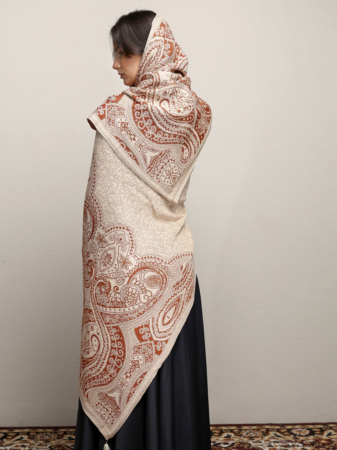  Beige Woven Design Wool Women'S Shawl 