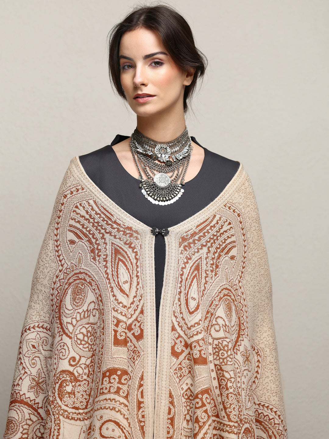  Beige Woven Design Wool Women'S Shawl 