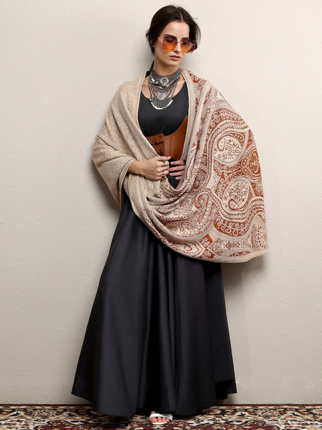  Beige Woven Design Wool Women'S Shawl 