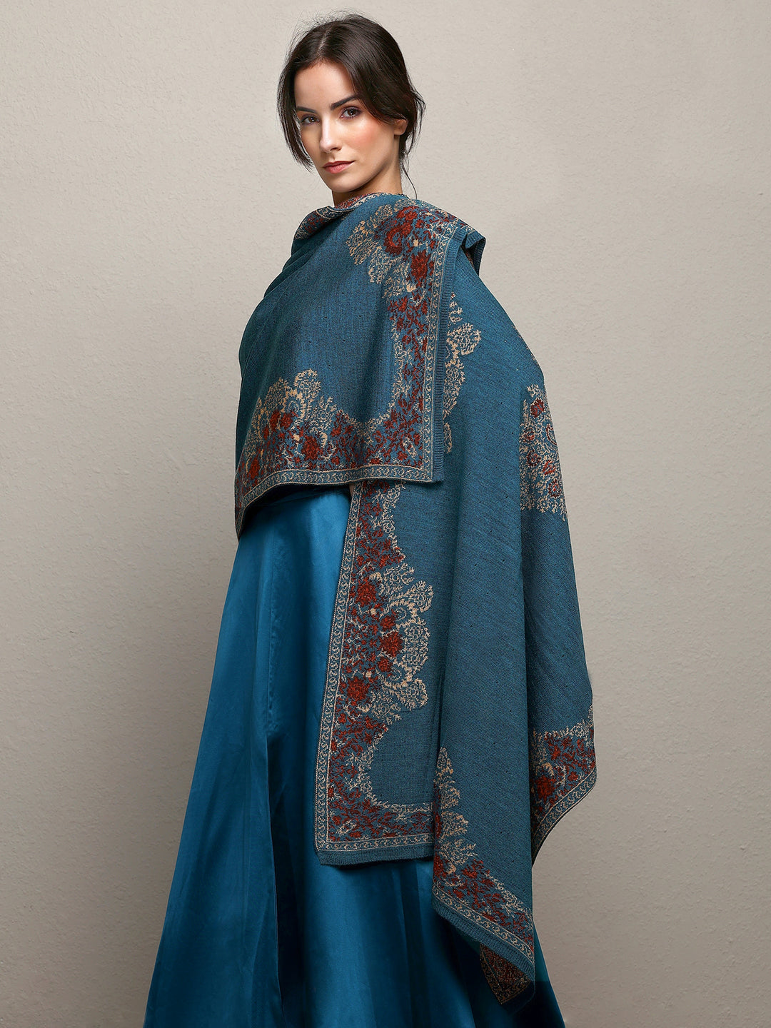  Teal Woven Design Wool Wrap Shawl  