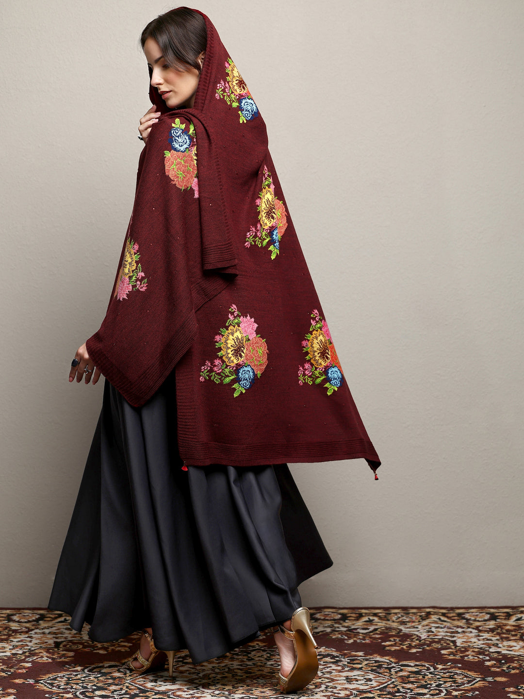  Maroon Woven Design Wool Wrap Shawl  