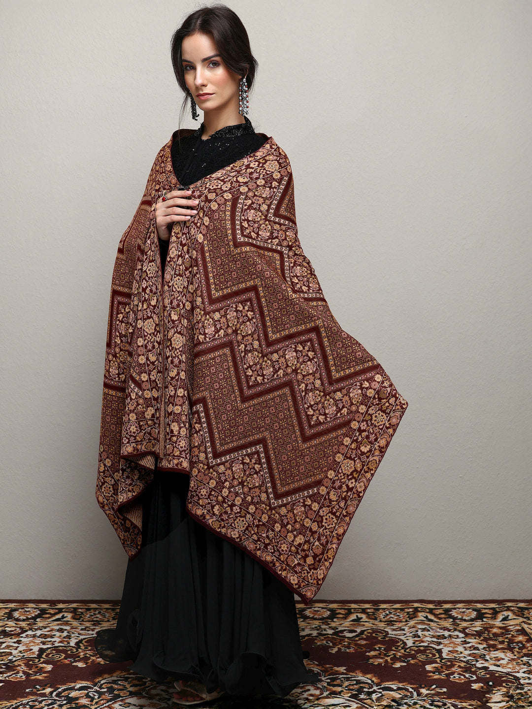  Maroon Woven Design Wool Wrap Shawl  