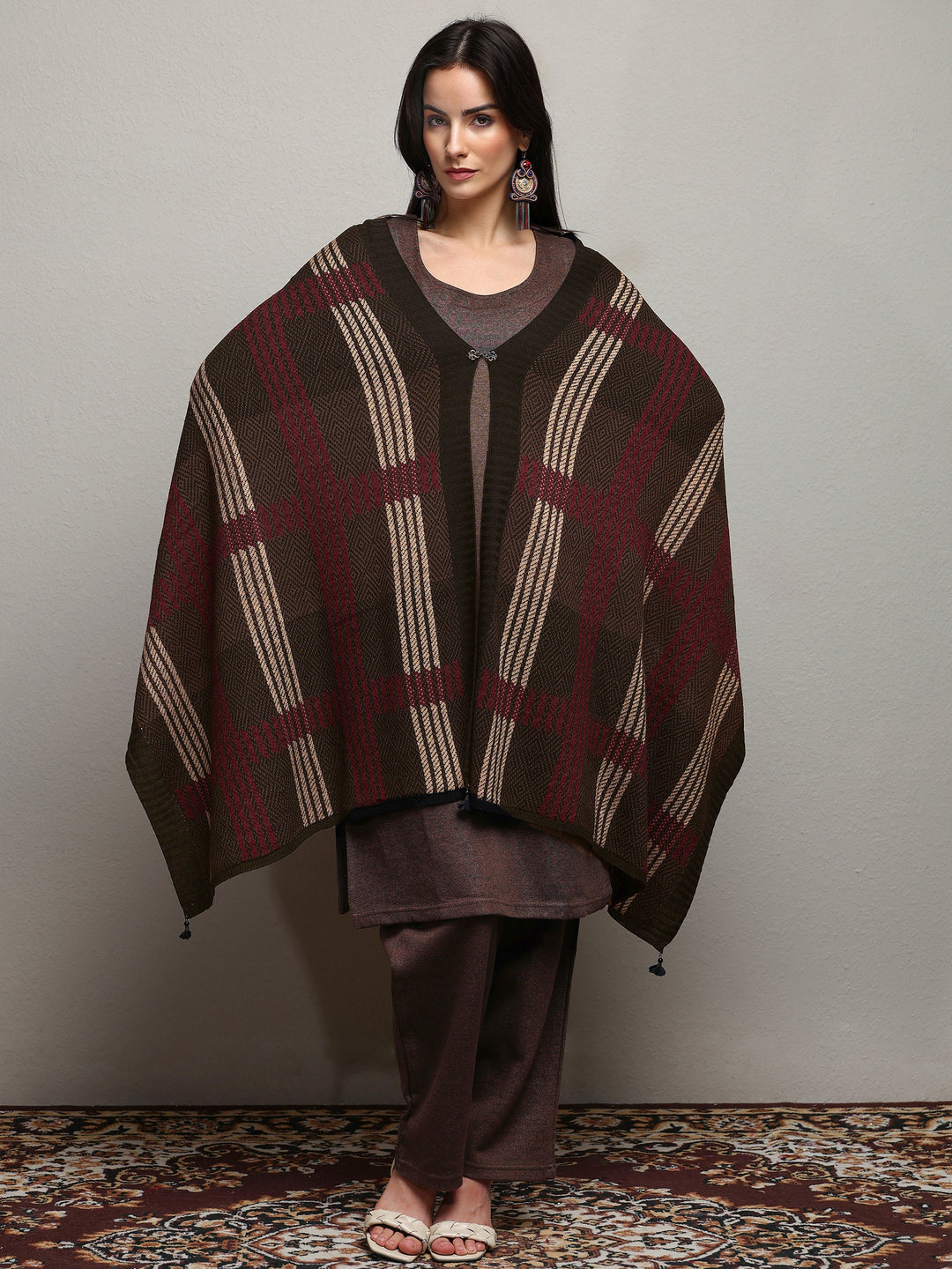  Black Woven Design Wool Wrap Shawl  