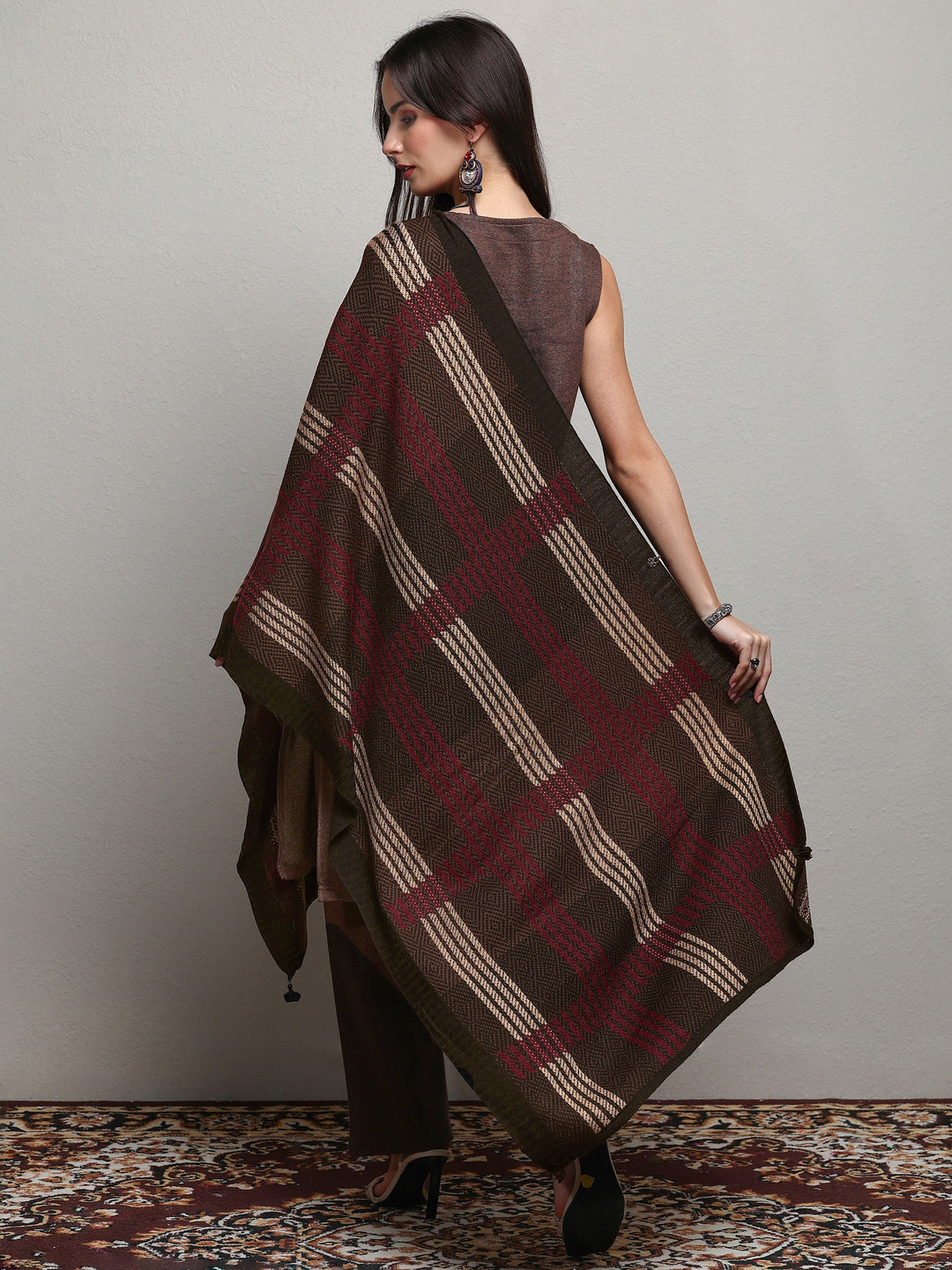  Black Woven Design Wool Wrap Shawl  