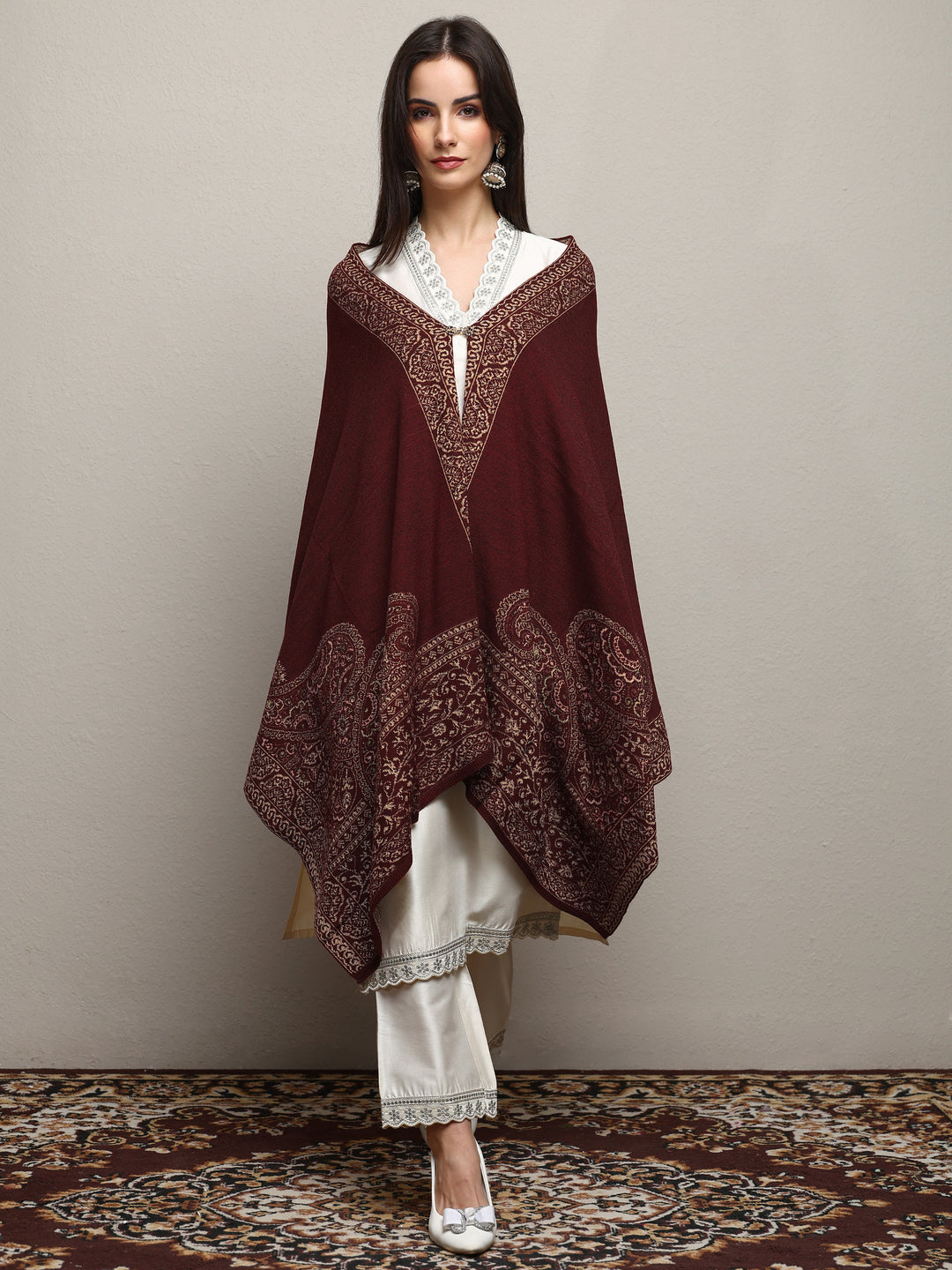  Maroon Woven Design Wool Wrap Shawl  