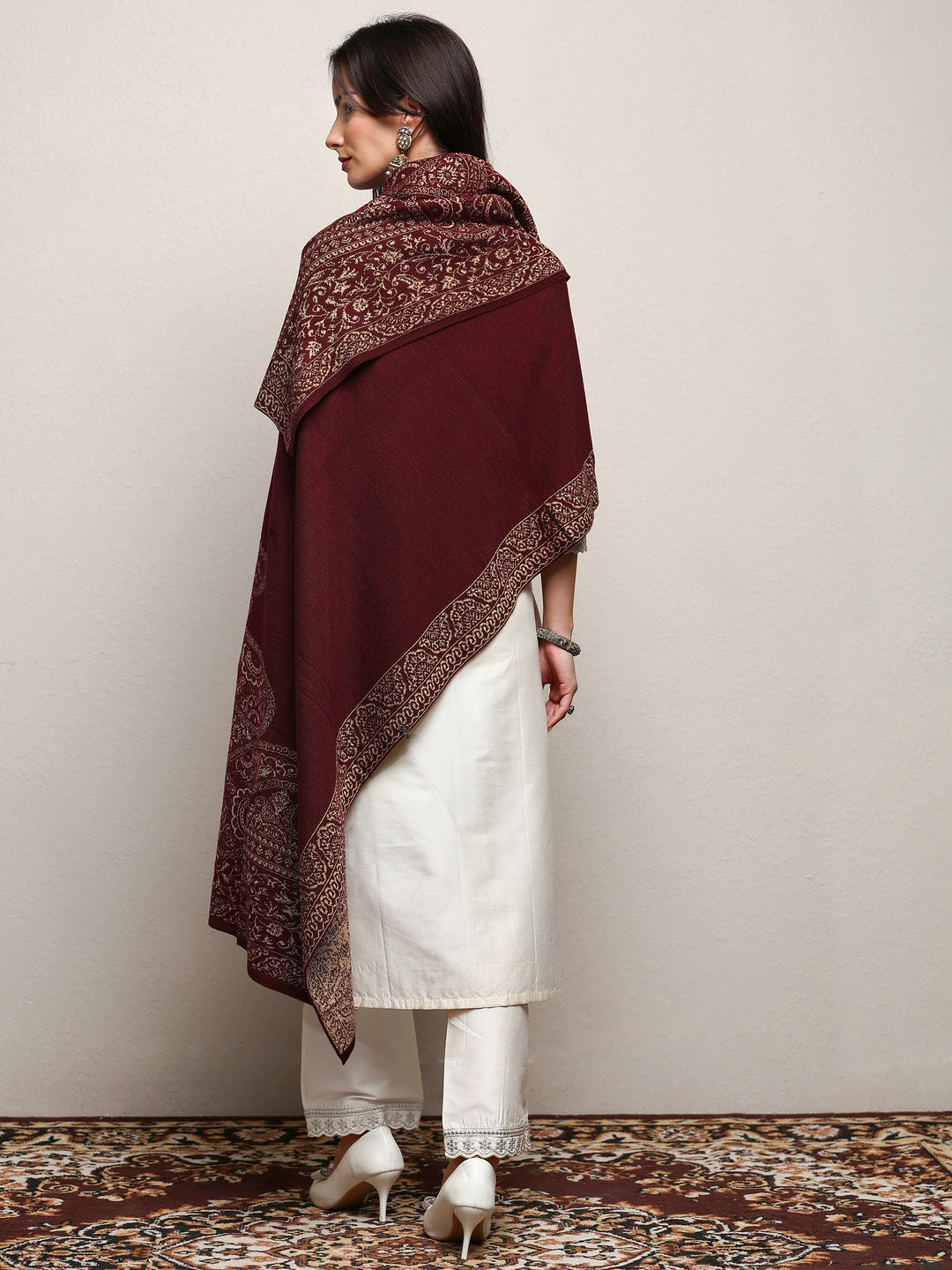  Maroon Woven Design Wool Wrap Shawl  