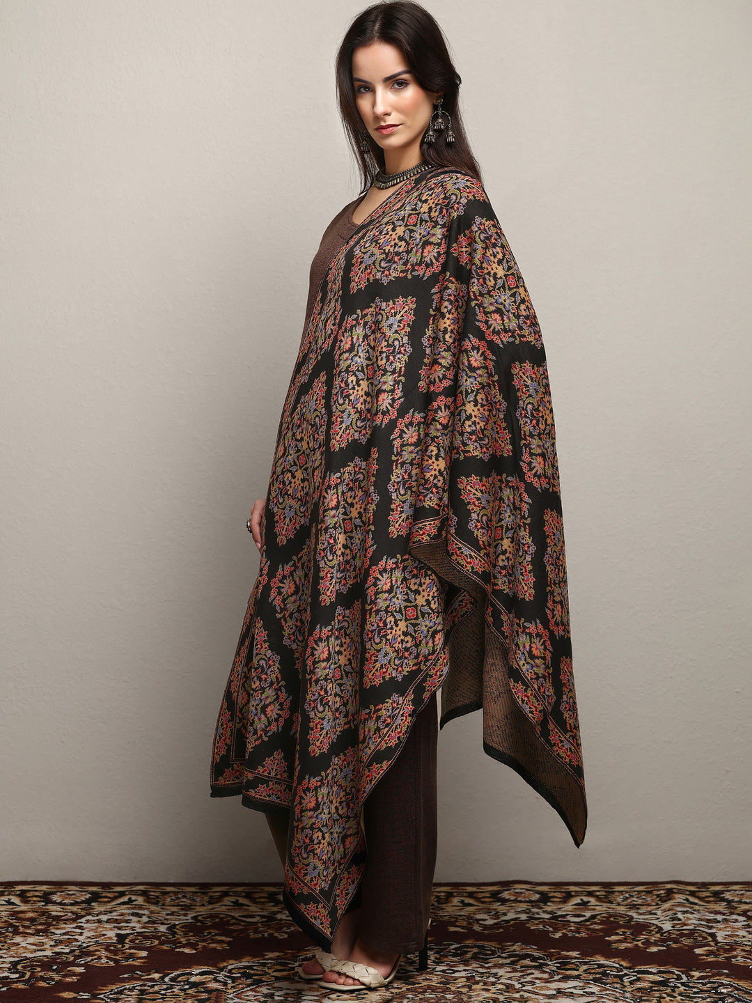  Black Woven Design Wool Women'S Shawl 