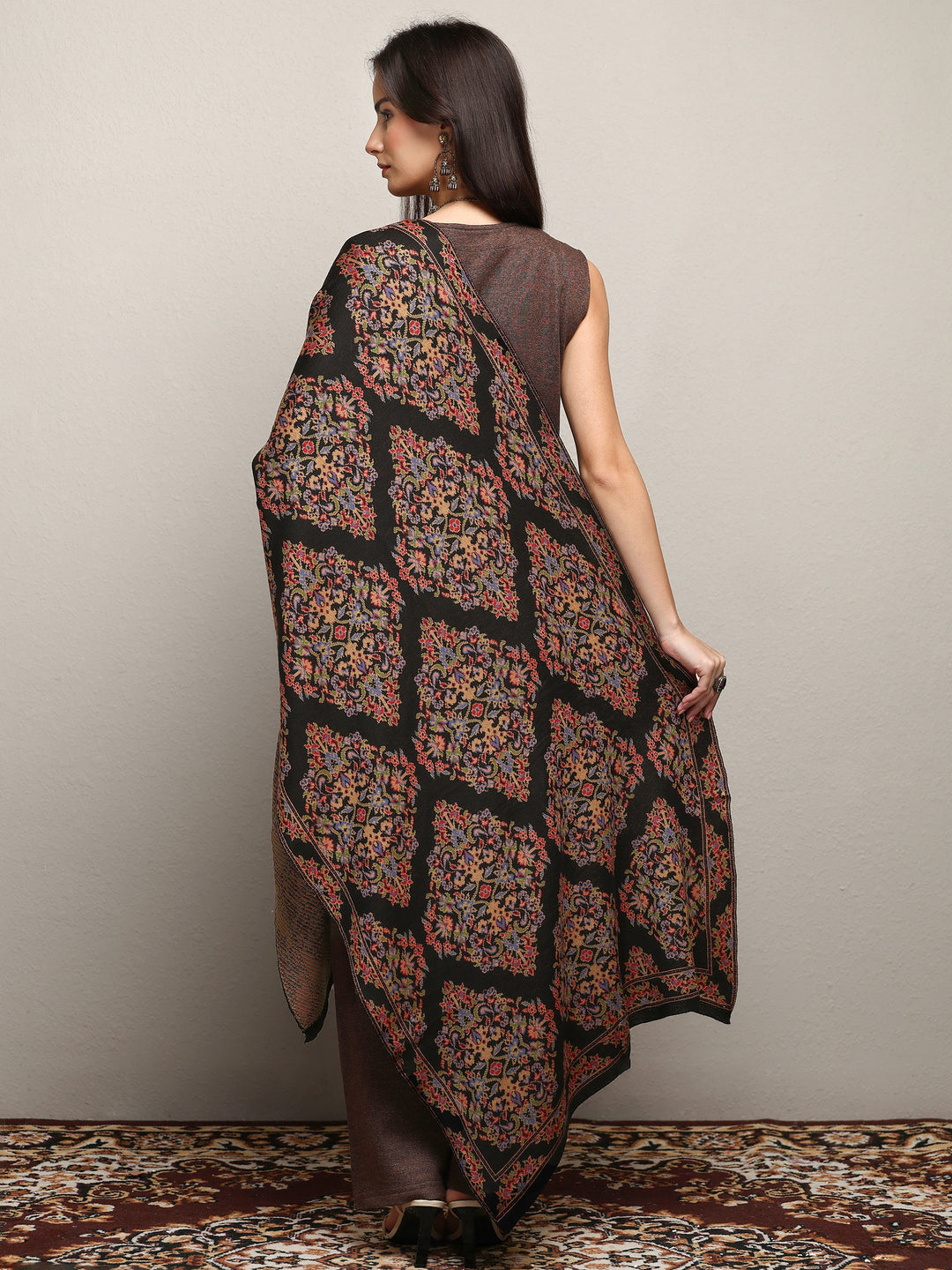  Black Woven Design Wool Women'S Shawl 