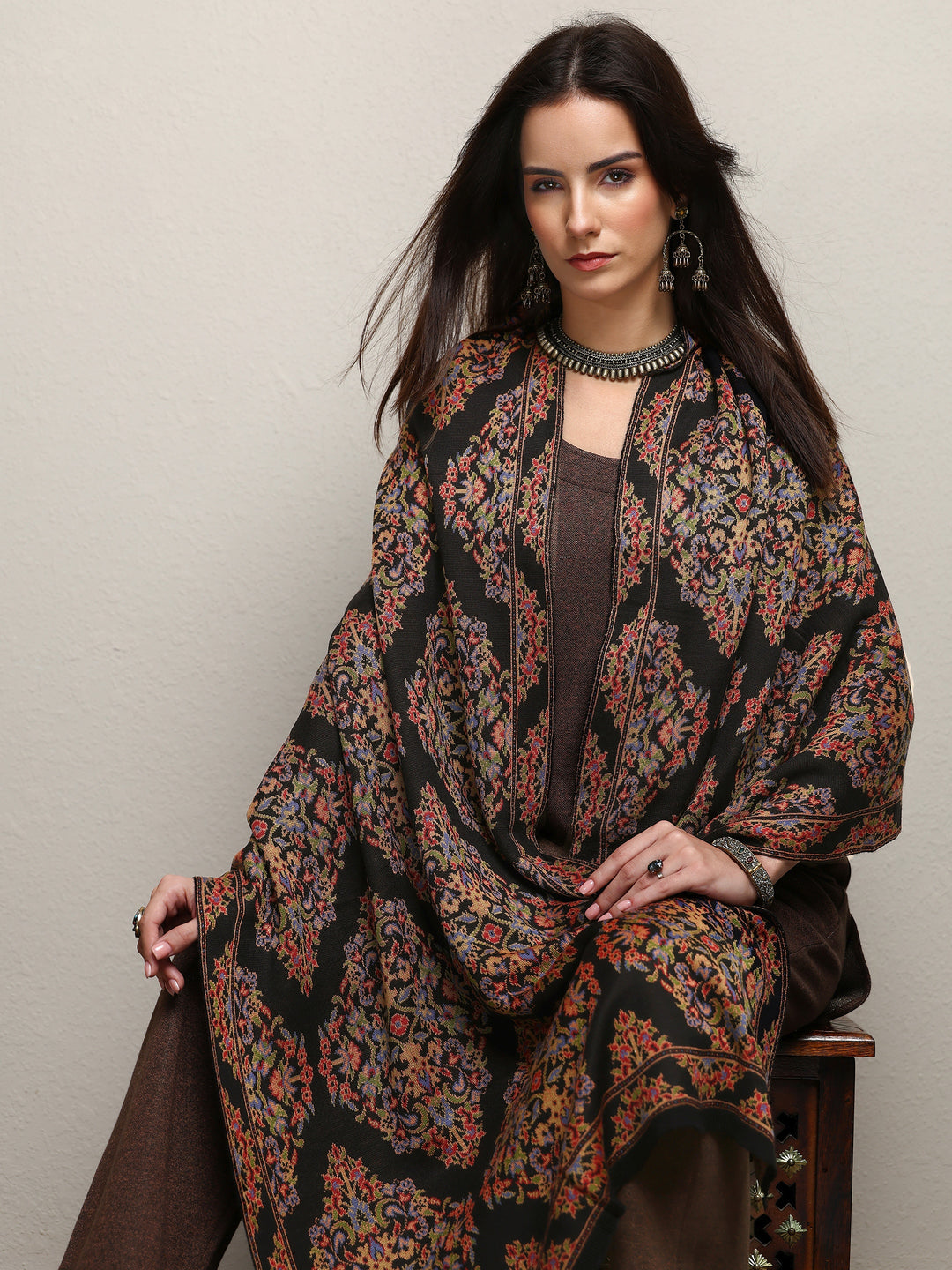  Black Woven Design Wool Women'S Shawl 