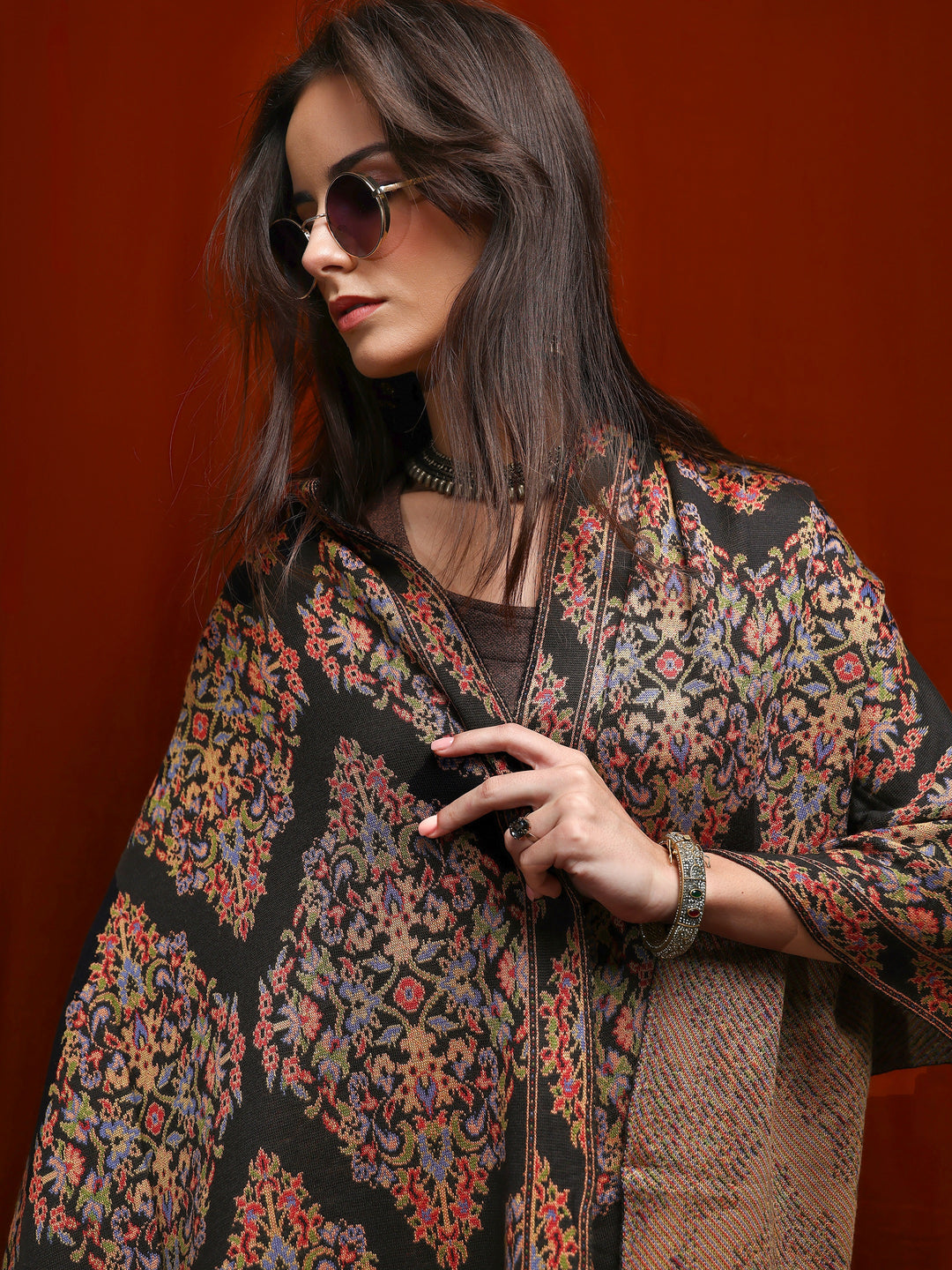  Black Woven Design Wool Women'S Shawl 