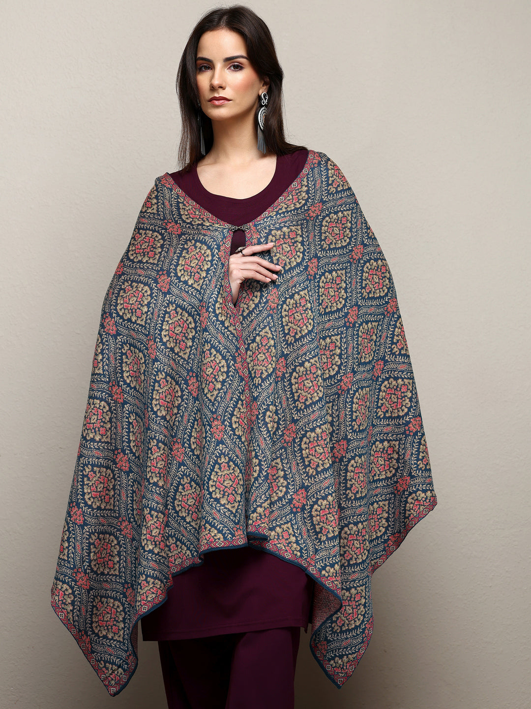  Blue Woven Design Wool Wrap Shawl  