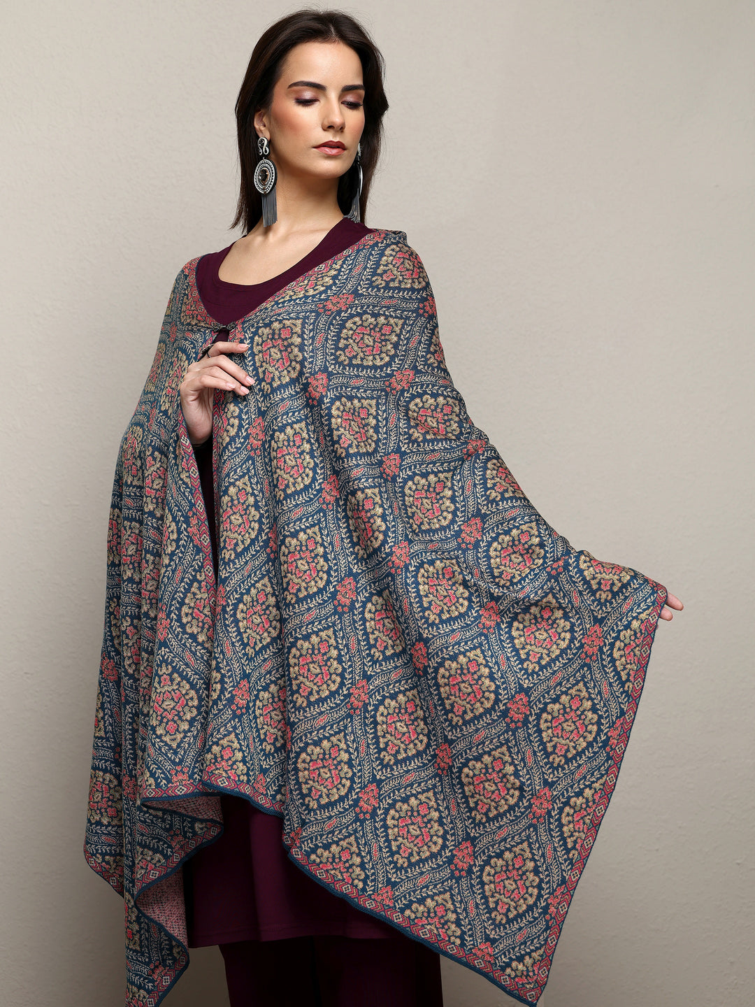  Blue Woven Design Wool Wrap Shawl  