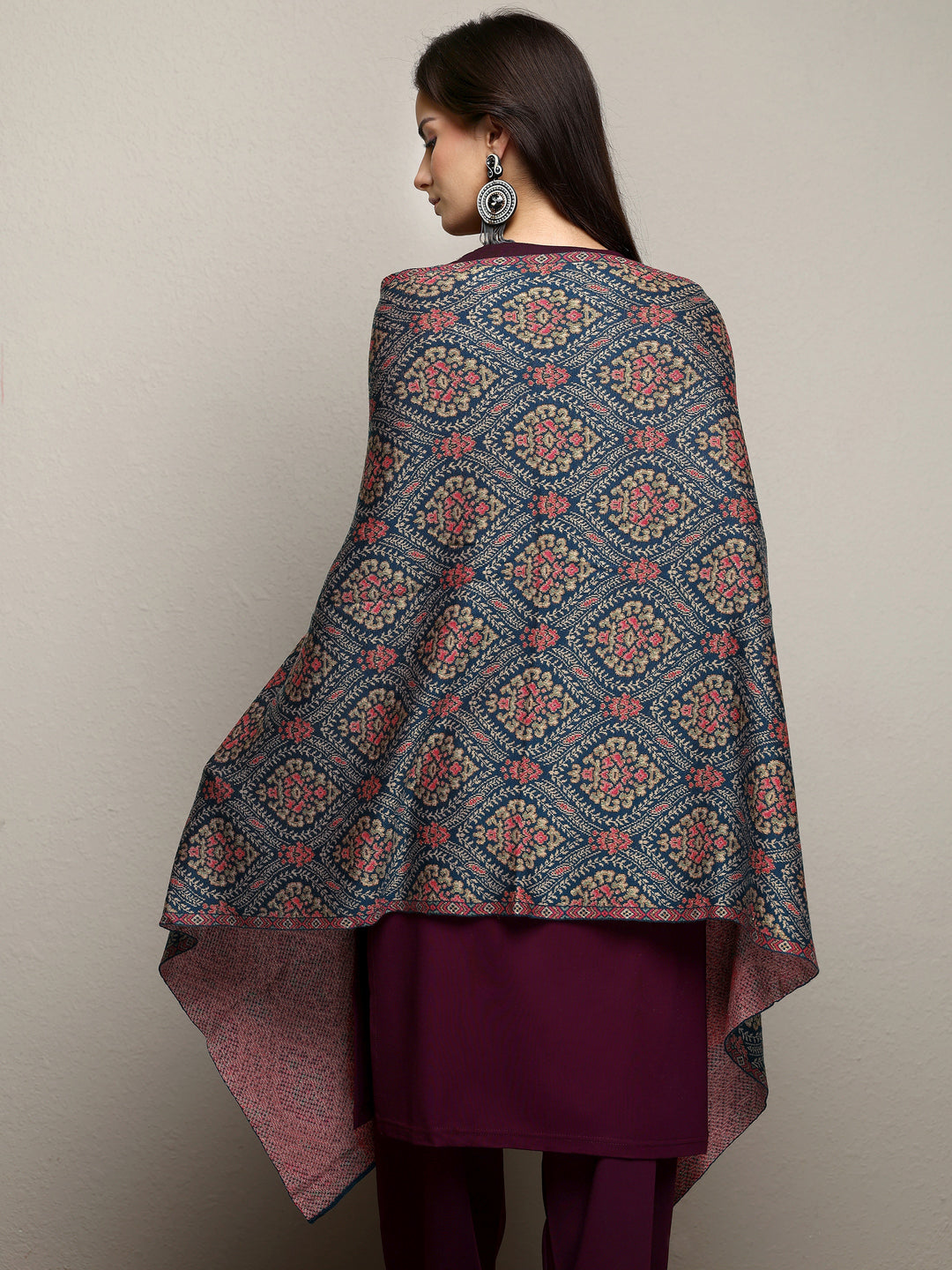  Blue Woven Design Wool Wrap Shawl  