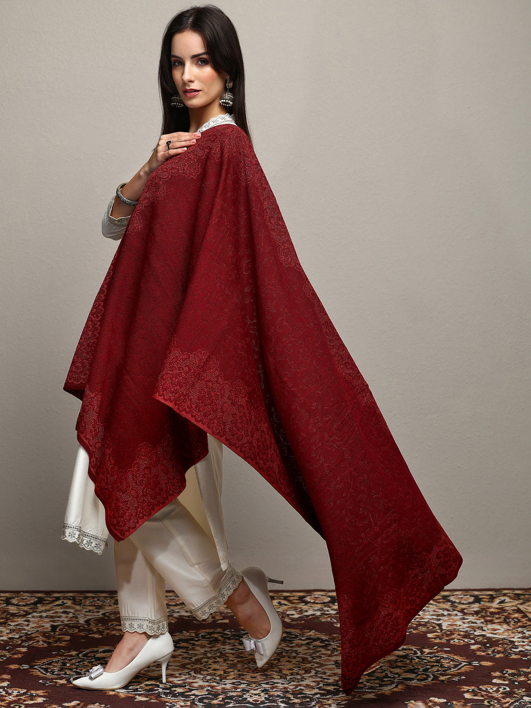  Maroon Woven Design Wool Wrap Shawl  