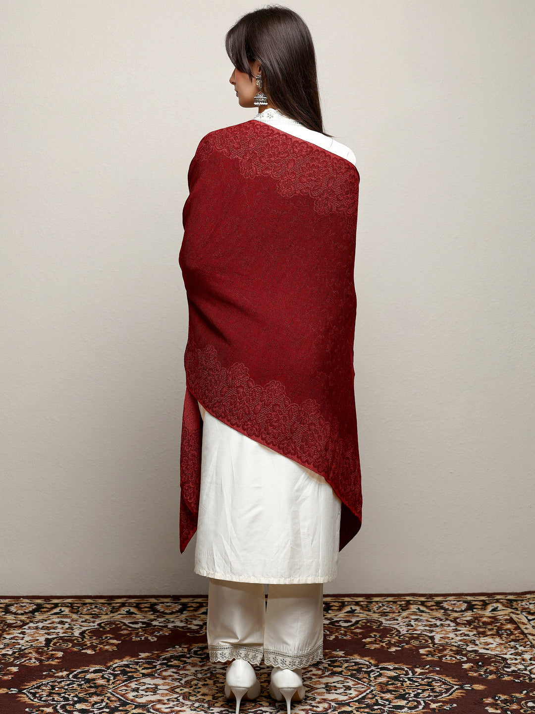  Maroon Woven Design Wool Wrap Shawl  
