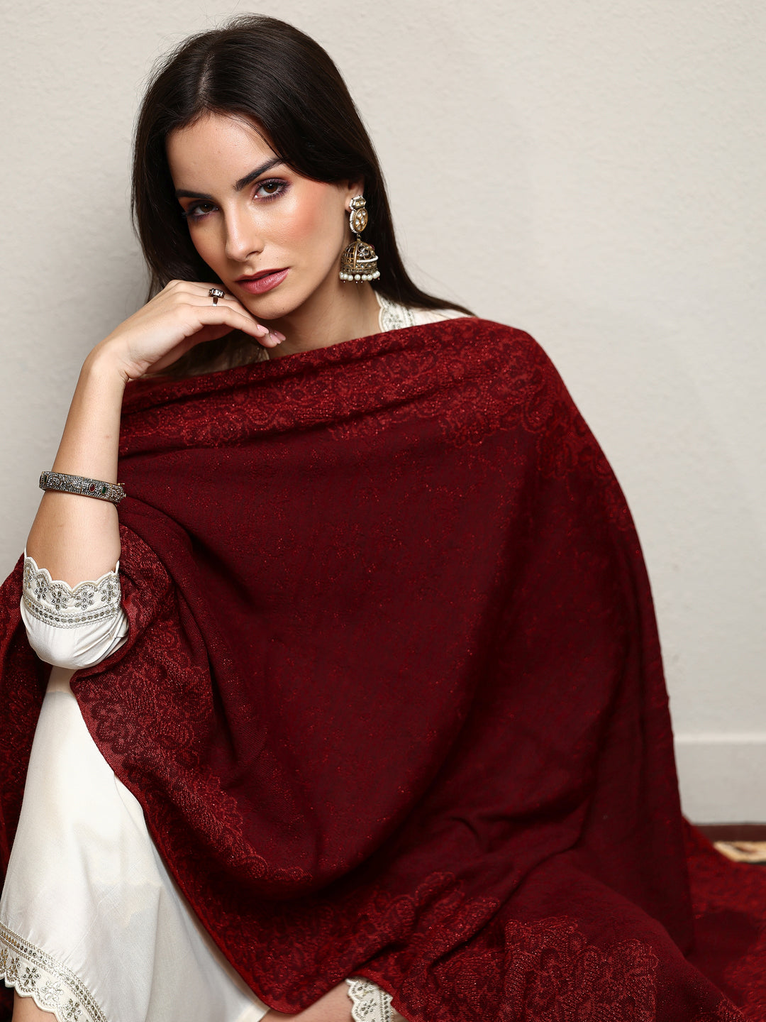  Maroon Woven Design Wool Wrap Shawl  