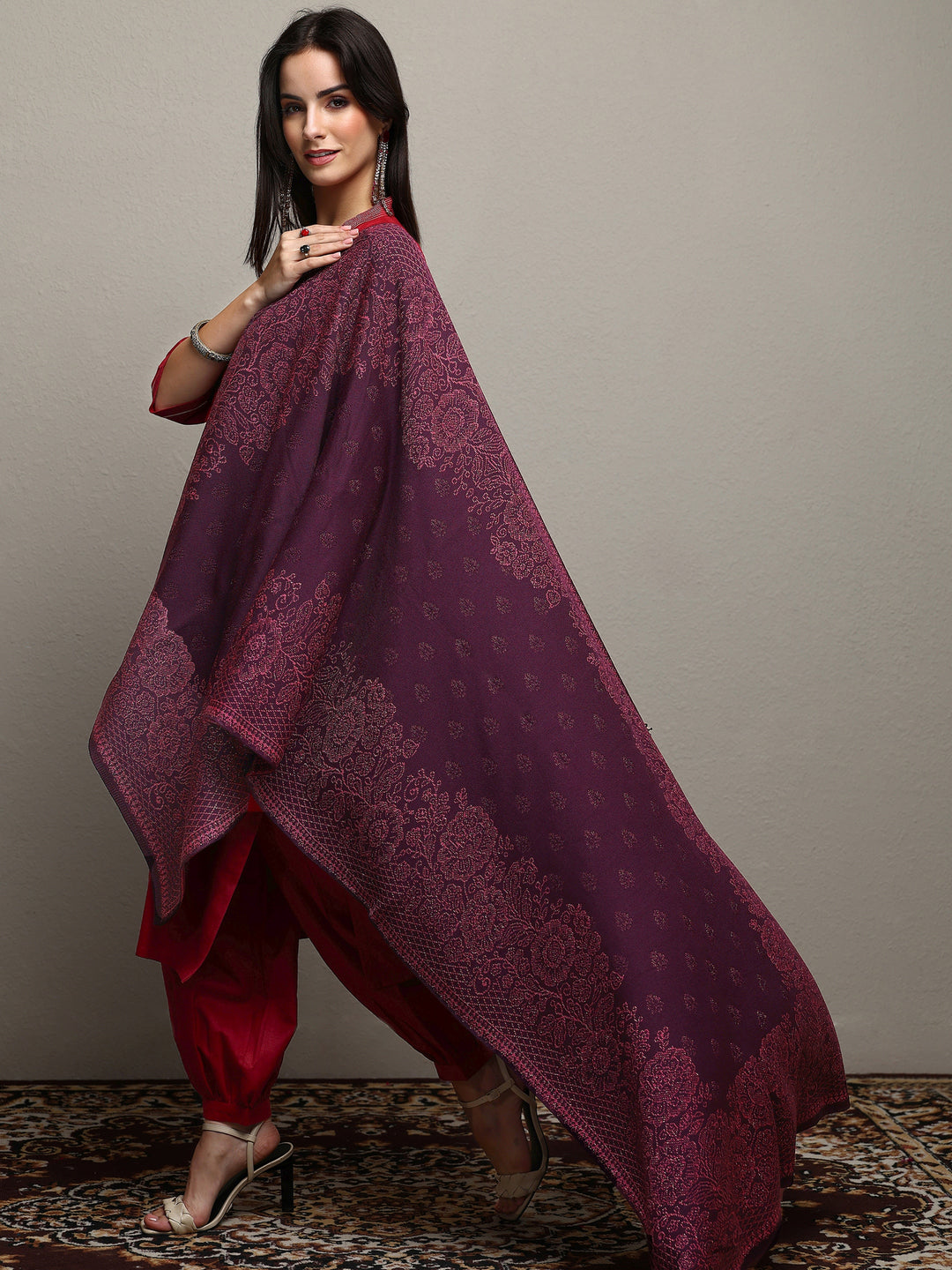  Burgundy Woven Design Wool Wrap Shawl  