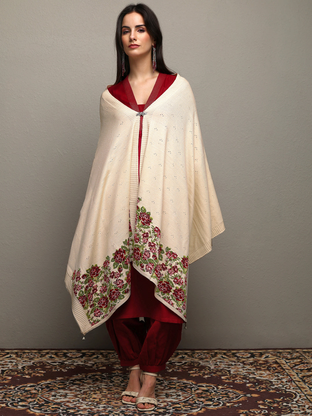  Off White Woven Design Wool Wrap Shawl  