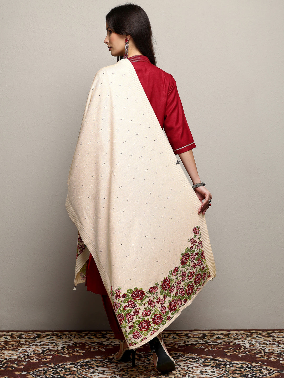  Off White Woven Design Wool Wrap Shawl  