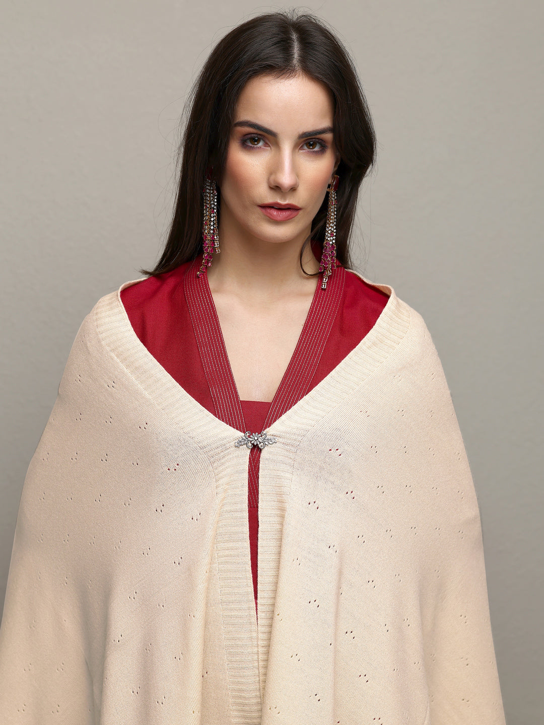  Off White Woven Design Wool Wrap Shawl  