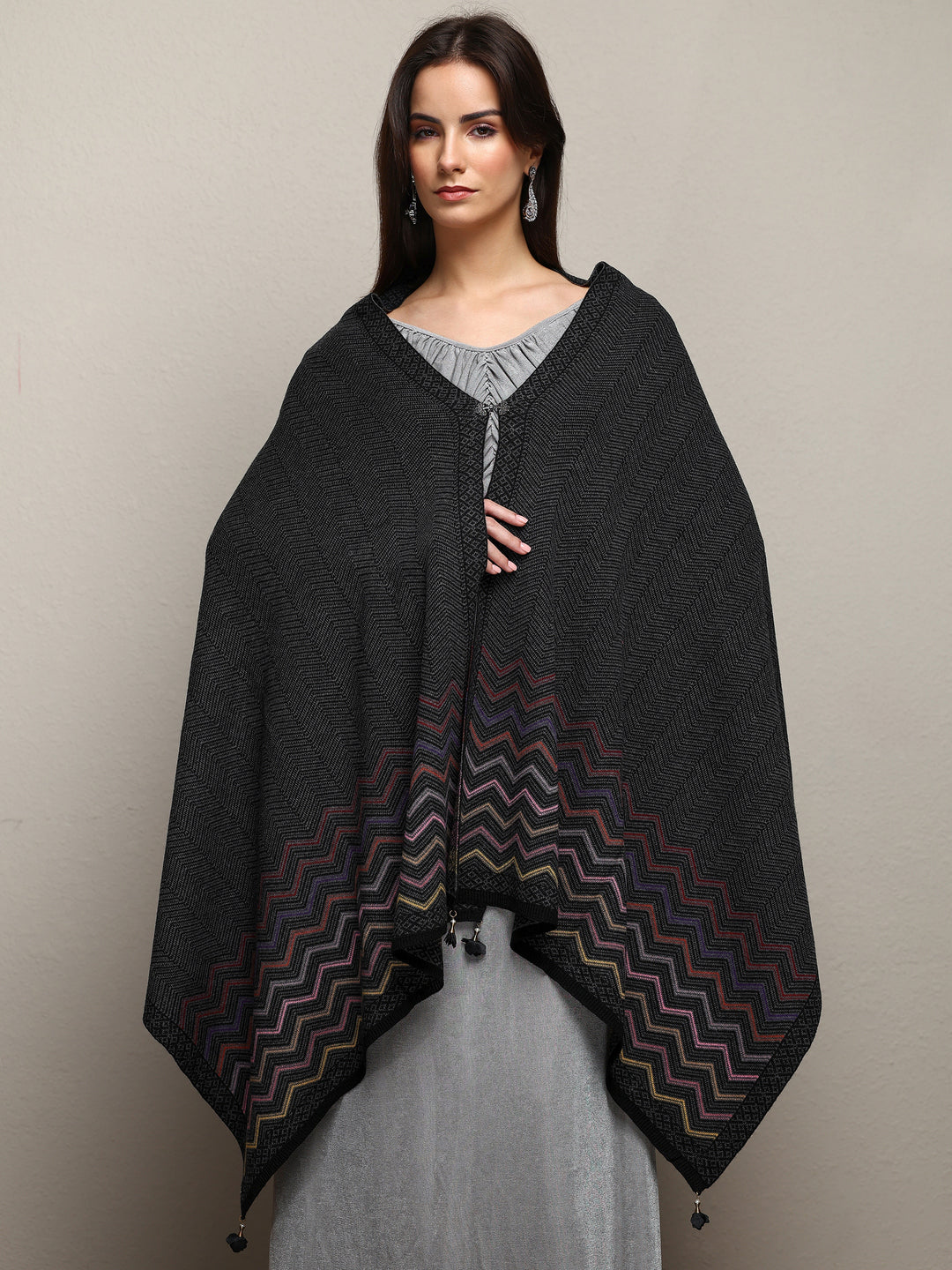  Black Woven Design Wool Wrap Shawl  