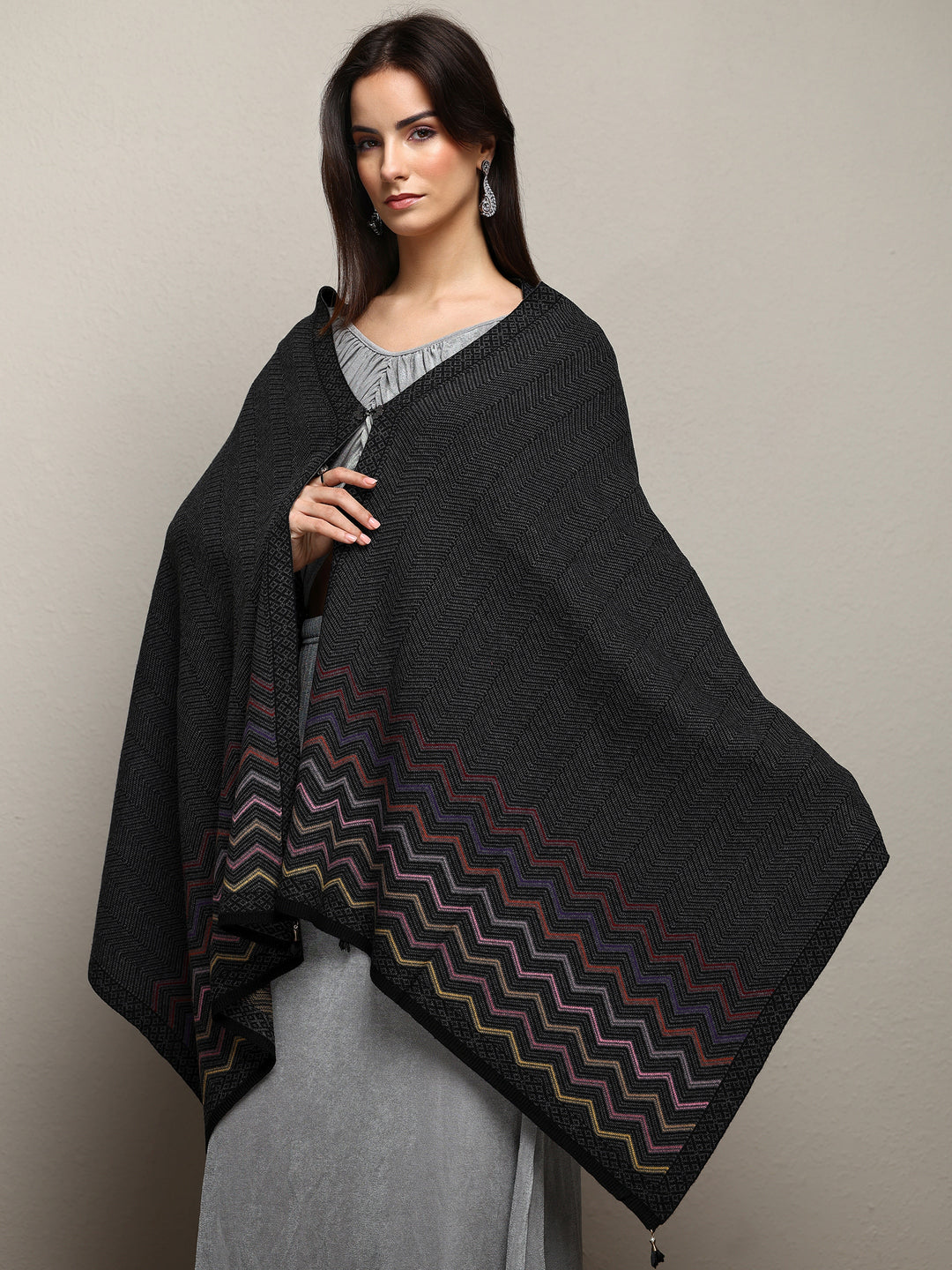  Black Woven Design Wool Wrap Shawl  
