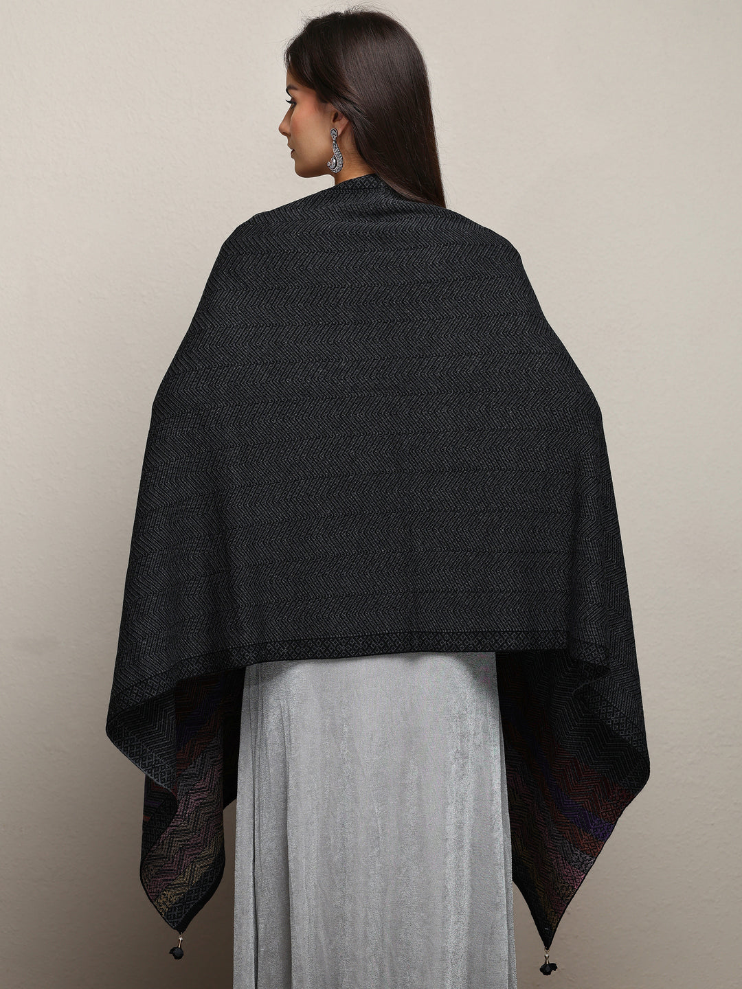  Black Woven Design Wool Wrap Shawl  