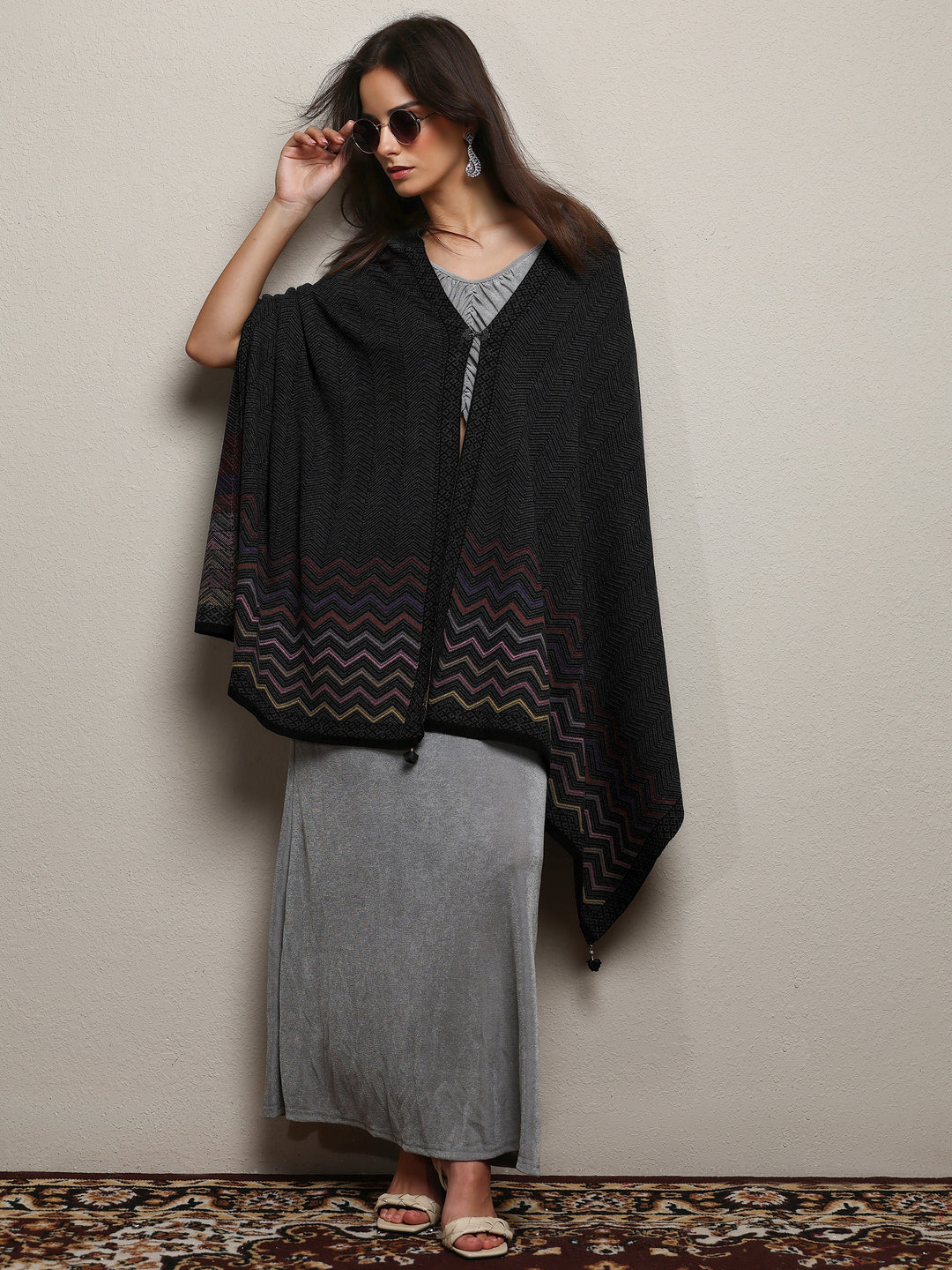  Black Woven Design Wool Wrap Shawl  