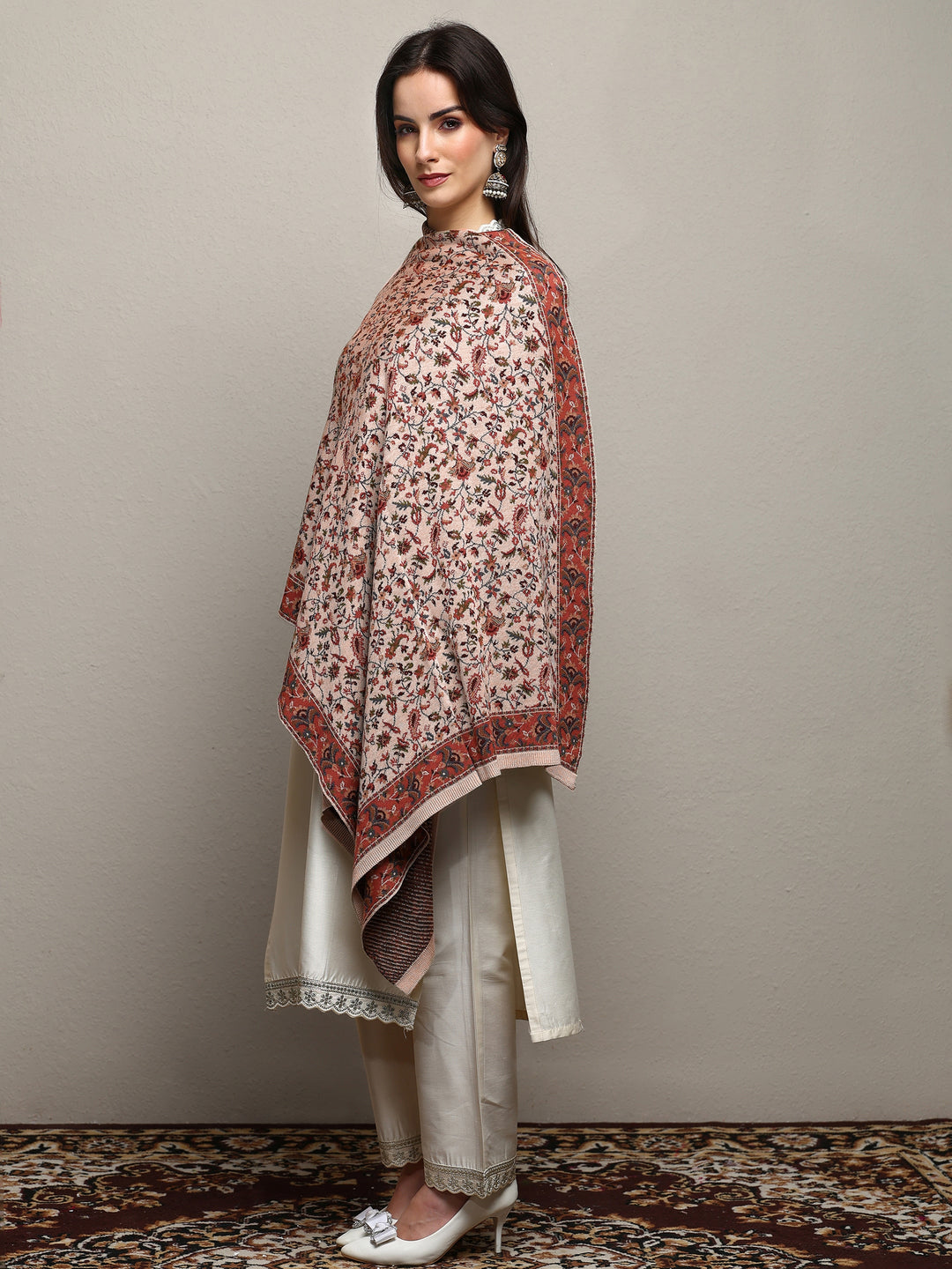  Beige Woven Design Wool Women'S Shawl 