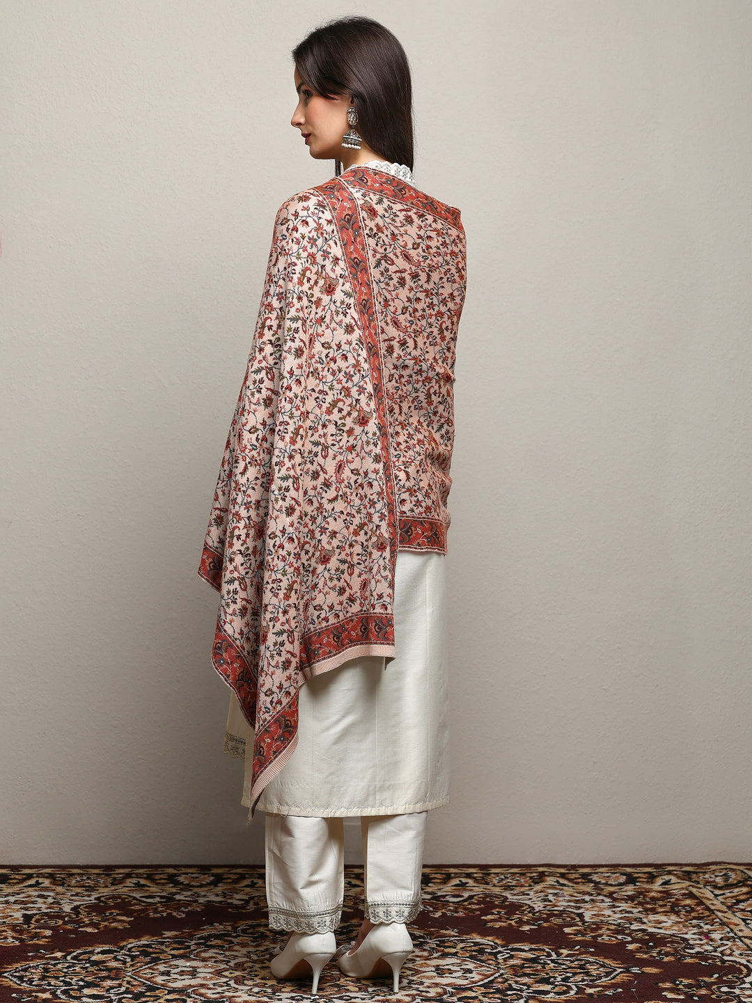  Beige Woven Design Wool Women'S Shawl 