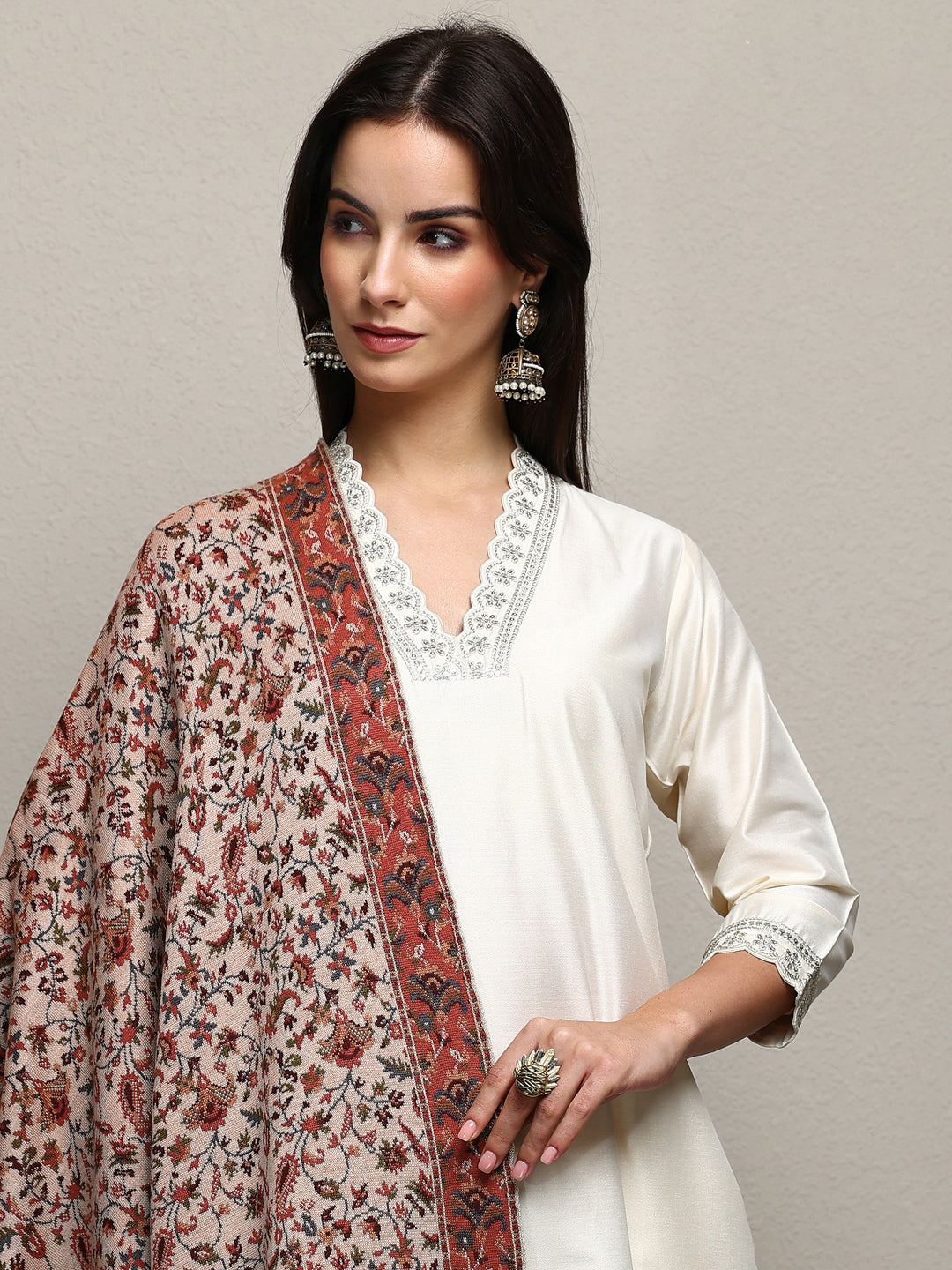  Beige Woven Design Wool Women'S Shawl 