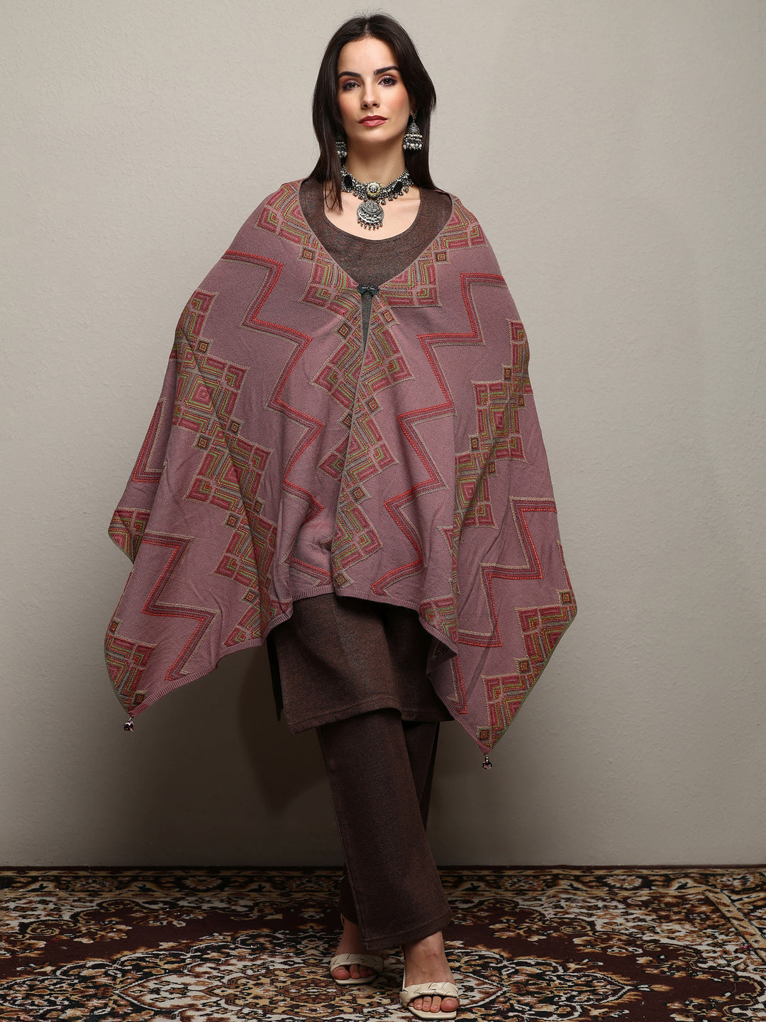  Mauve Woven Design Wool Wrap Shawl  