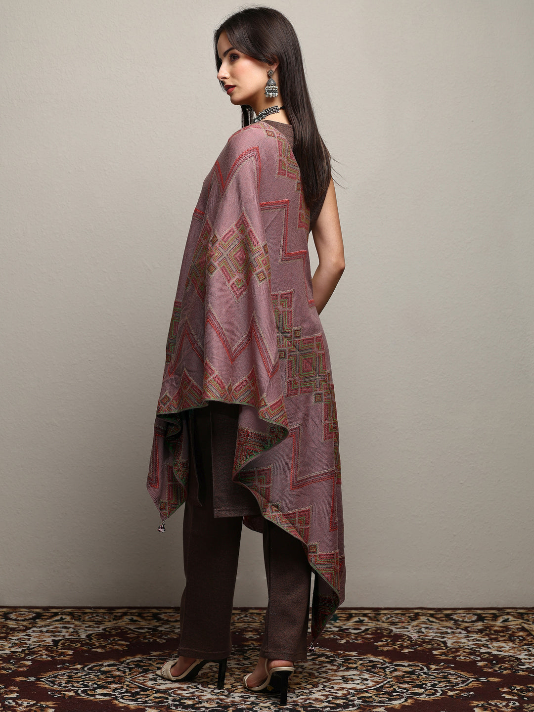  Mauve Woven Design Wool Wrap Shawl  