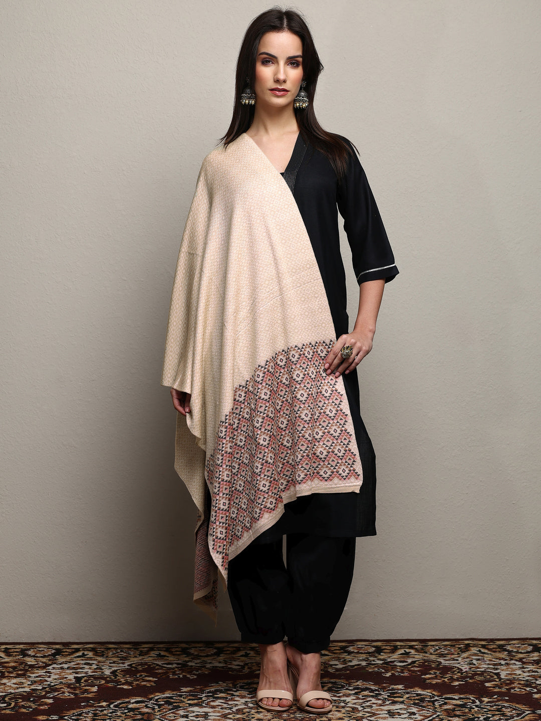  Beige Woven Design Wool Women'S Shawl 