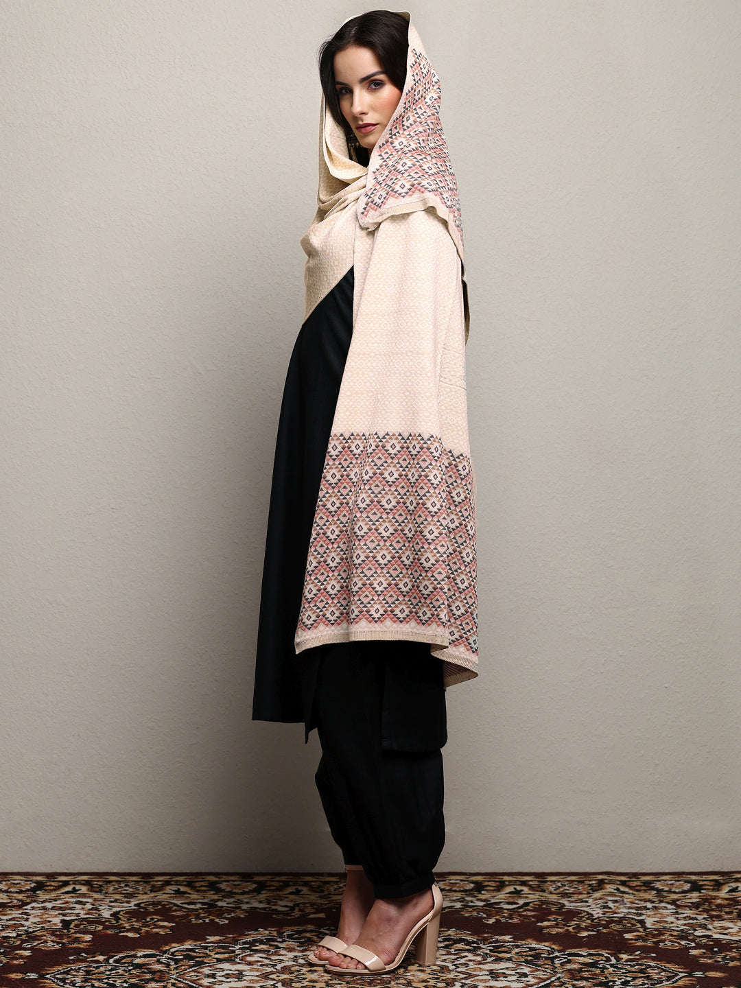  Beige Woven Design Wool Women'S Shawl 